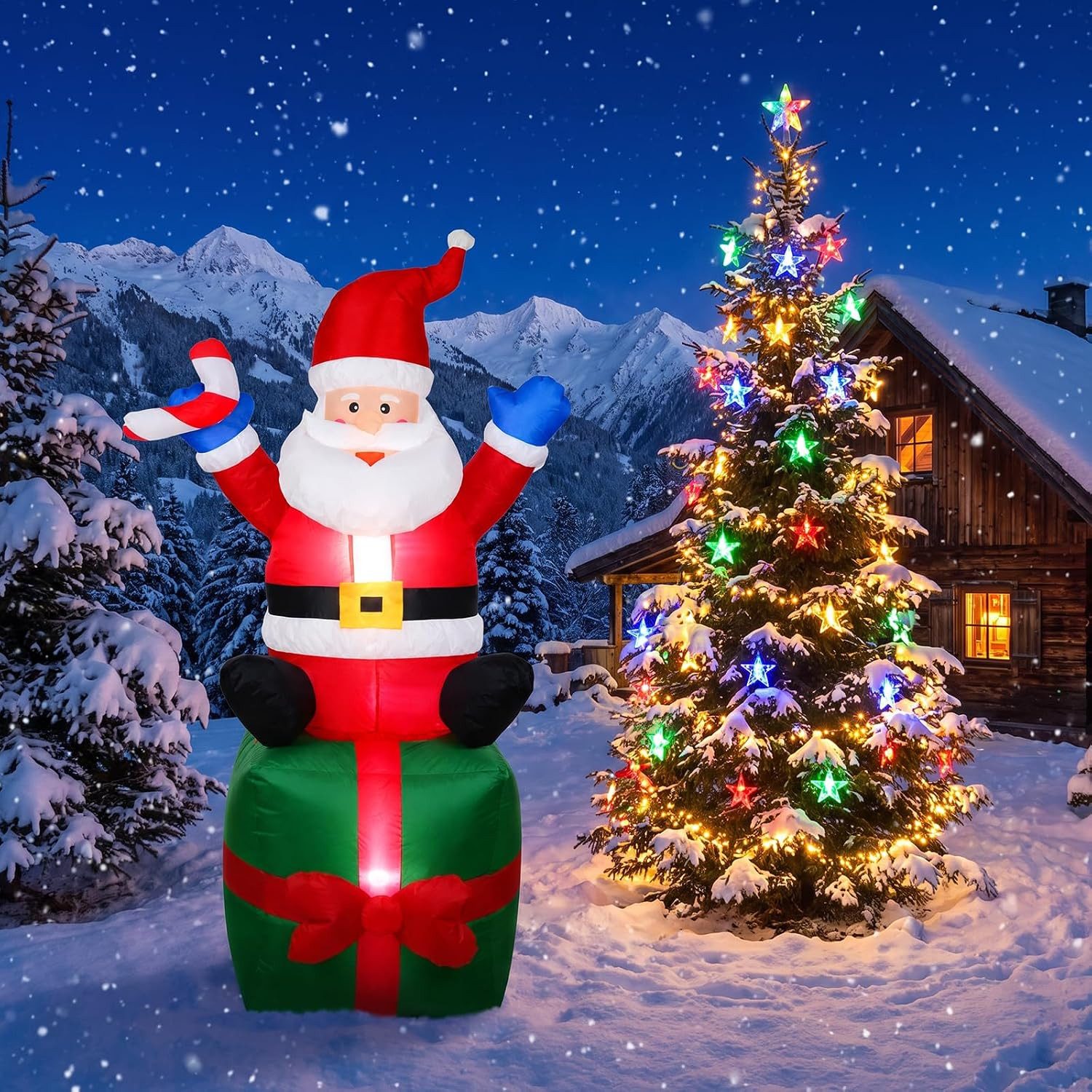 GarveeMore LED-Dekofigur 180 cm Aufblasbarer Weihnachtsmann auf Geschenkekarton, 180 cm, aufblasbar, Weihnachtsmann, LED, Gebläse, Außenbereich