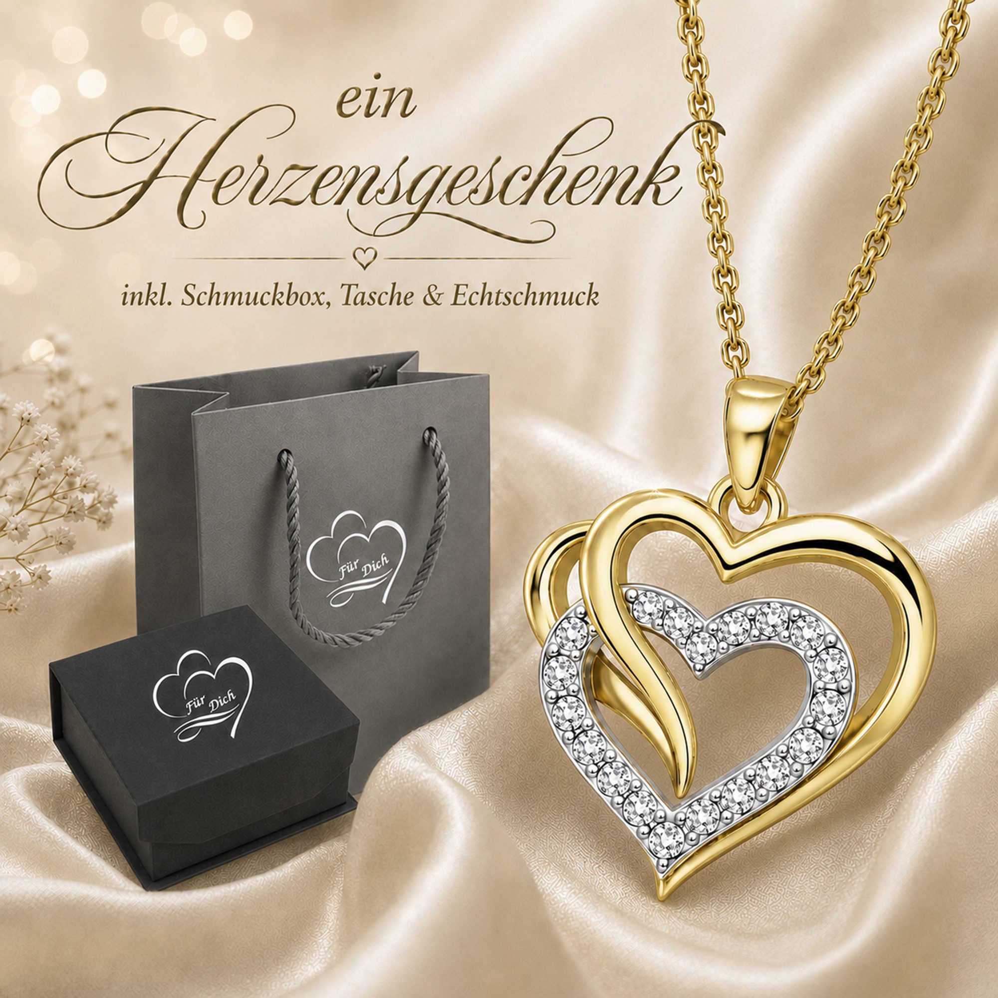 Limana Herzkette Ich liebe Dich Damen Kette mit Herz Anhänger 925 Silber gold vergoldet (Schmuck Geschenk für Freundin Frau inkl. Dose und Tasche), Jahrestag Geburtstag Weihnachten Valentinstag Hochzeitstag Muttertag
