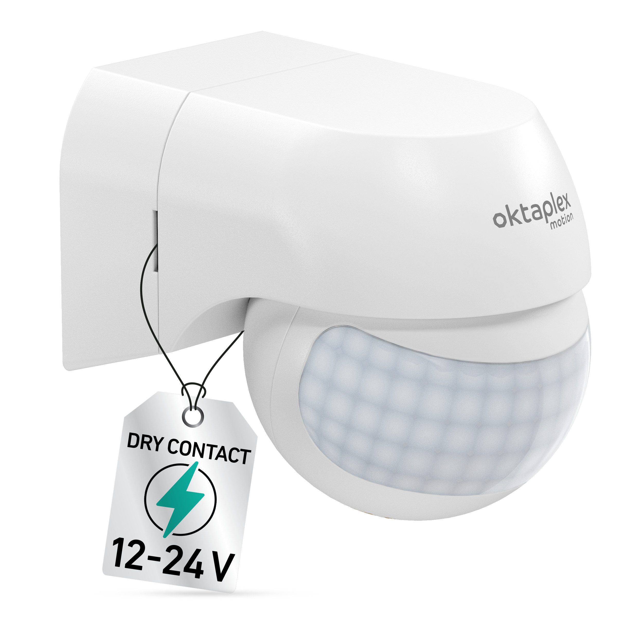 Oktaplex motion Bewegungsmelder 12-24V Bewegungsmelder potentialfrei, (1-St), Schwenkbarer Kopf IP44 Dämmerungssensor weiß