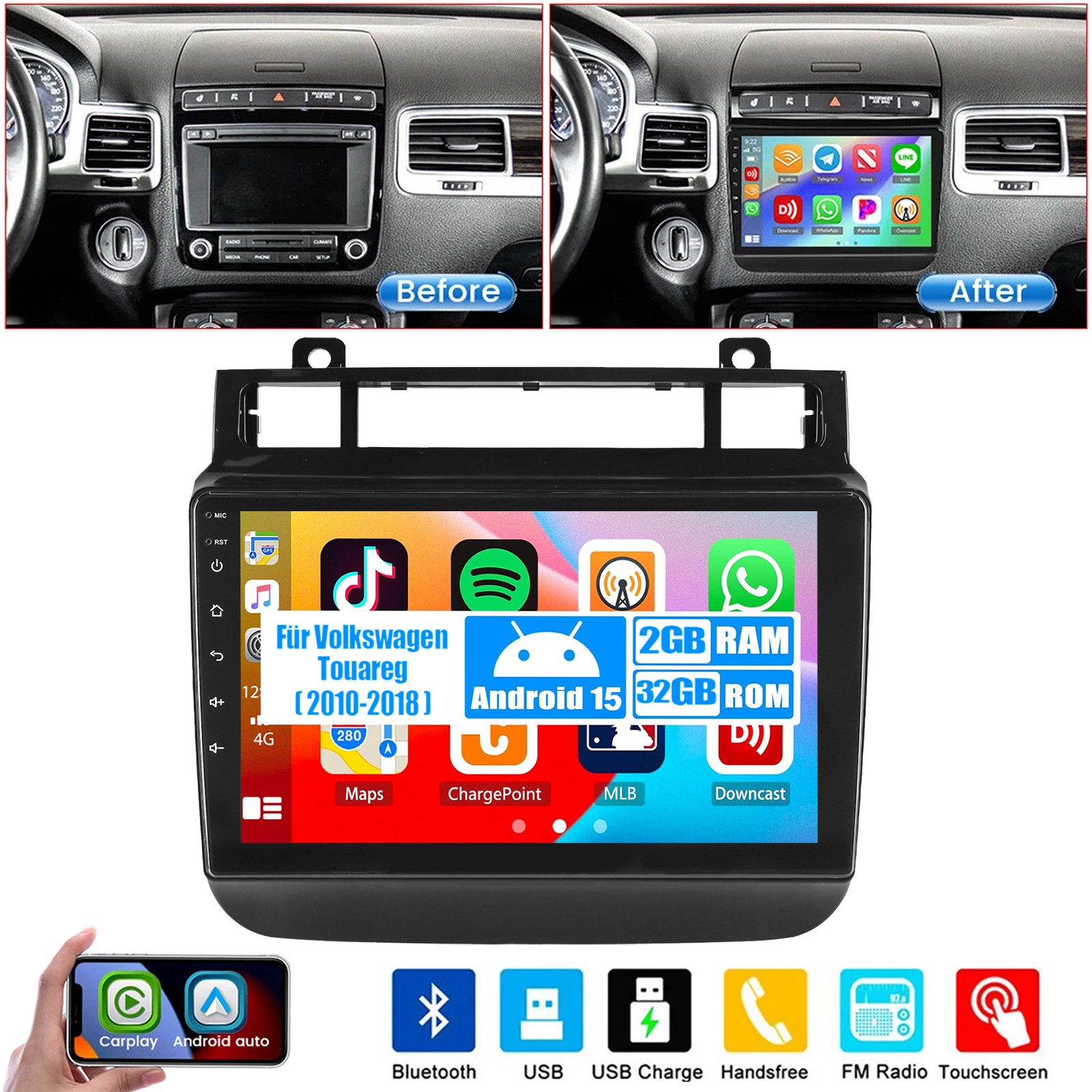 ESSGOO DAB+ 4+64G CarPlay Android 15 Navi Für VW Touareg 7P 2010-2018 Autoradio (DAB+ (optional), DAB (optional), 4+64GB(optional), RDS, AM, FM, Apple Carplay Android Auto GPS Navi WIFI BT EQ)