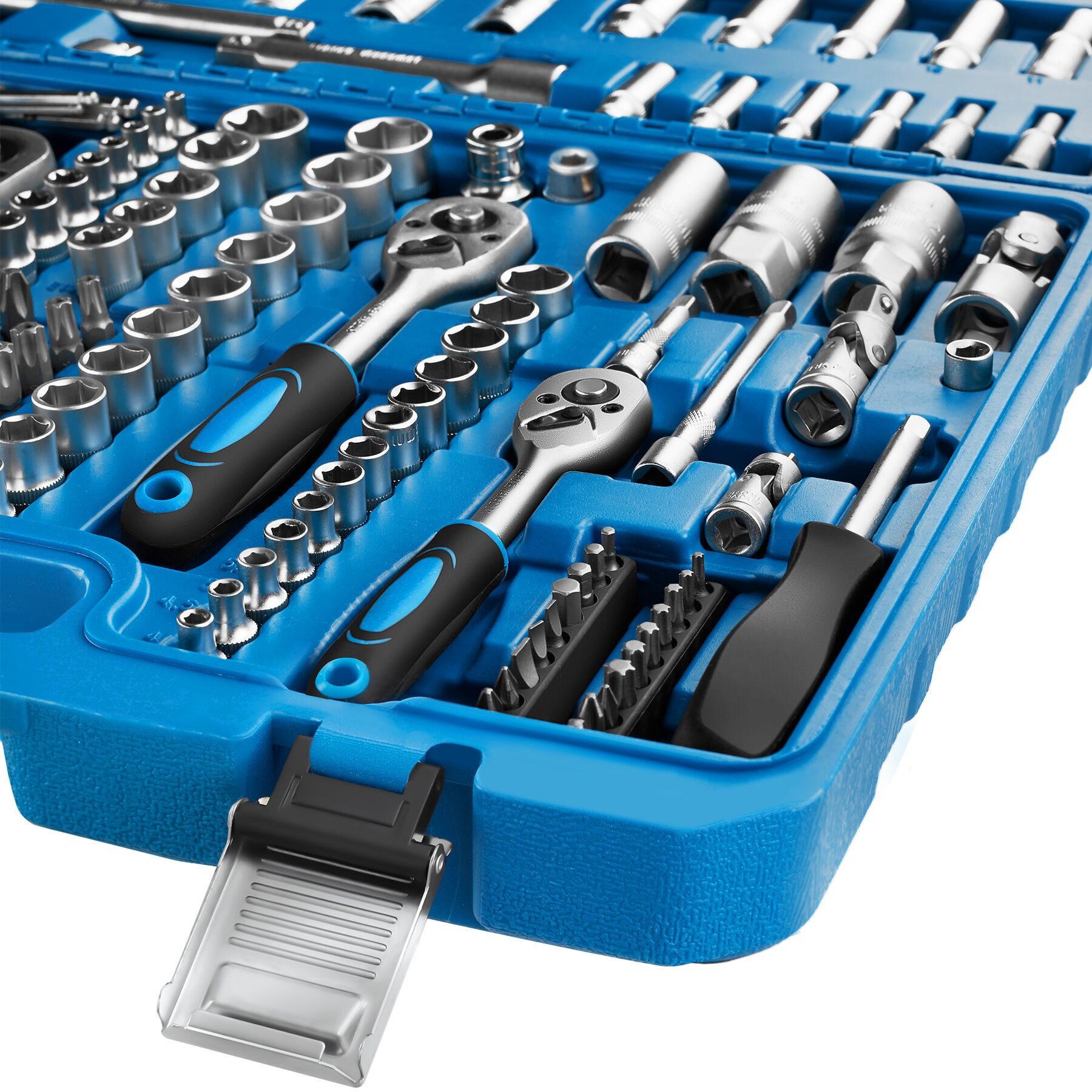 tectake Steckschlüssel Werkzeugkoffer, übersichtliche Anordnung im Kunststoffkoffer (Schraubenschlüssel, 1 St., 171-teilig in blau), aus Chrom Vanadium Stahl mit Kodierung und Kugelfangrille
