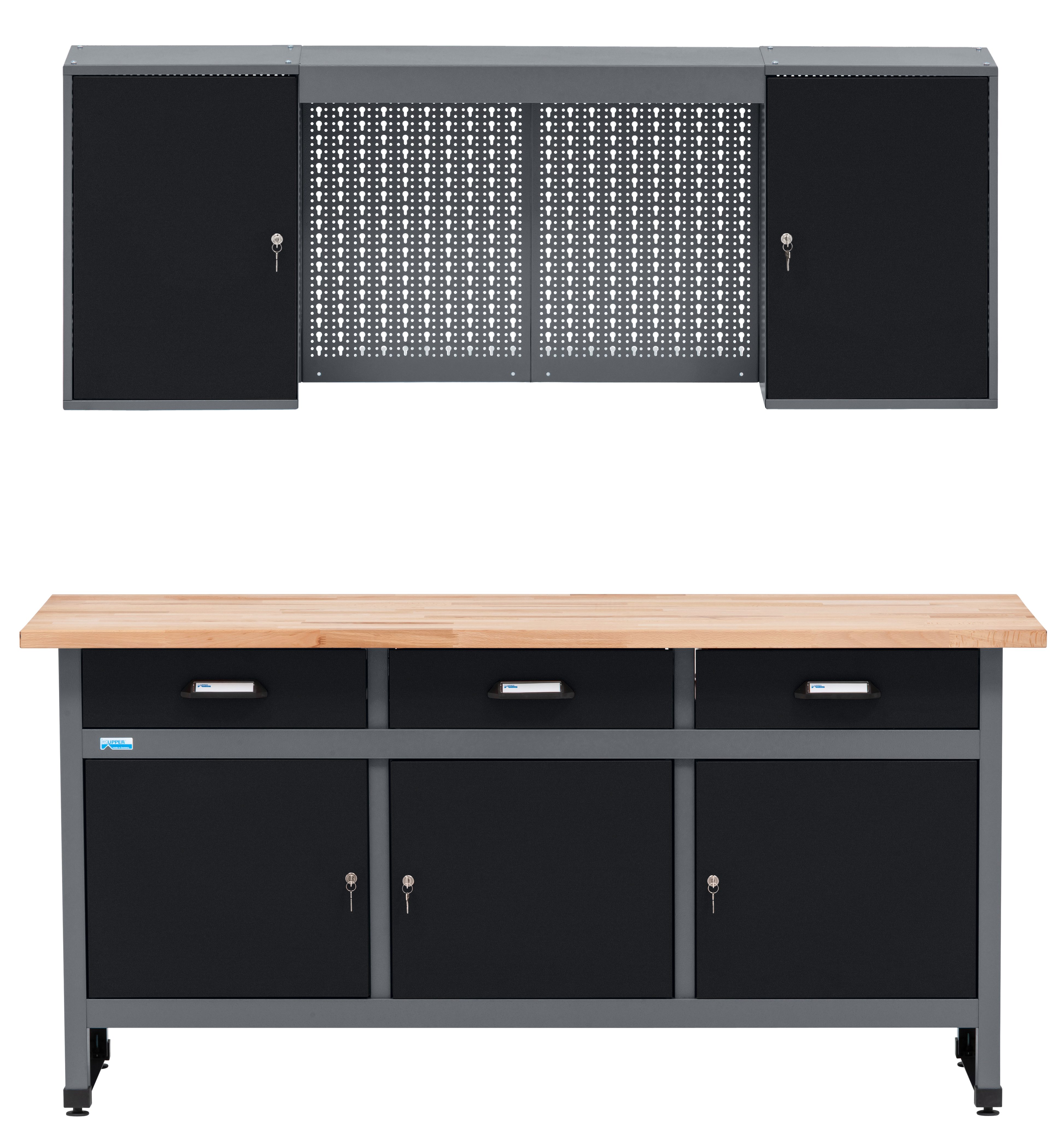 KÜPPER Werkstatt-Set 70421, 170 cm breit, Werkbank, Hängeschrank, massive 30 mm Buchenarbeitsplatte