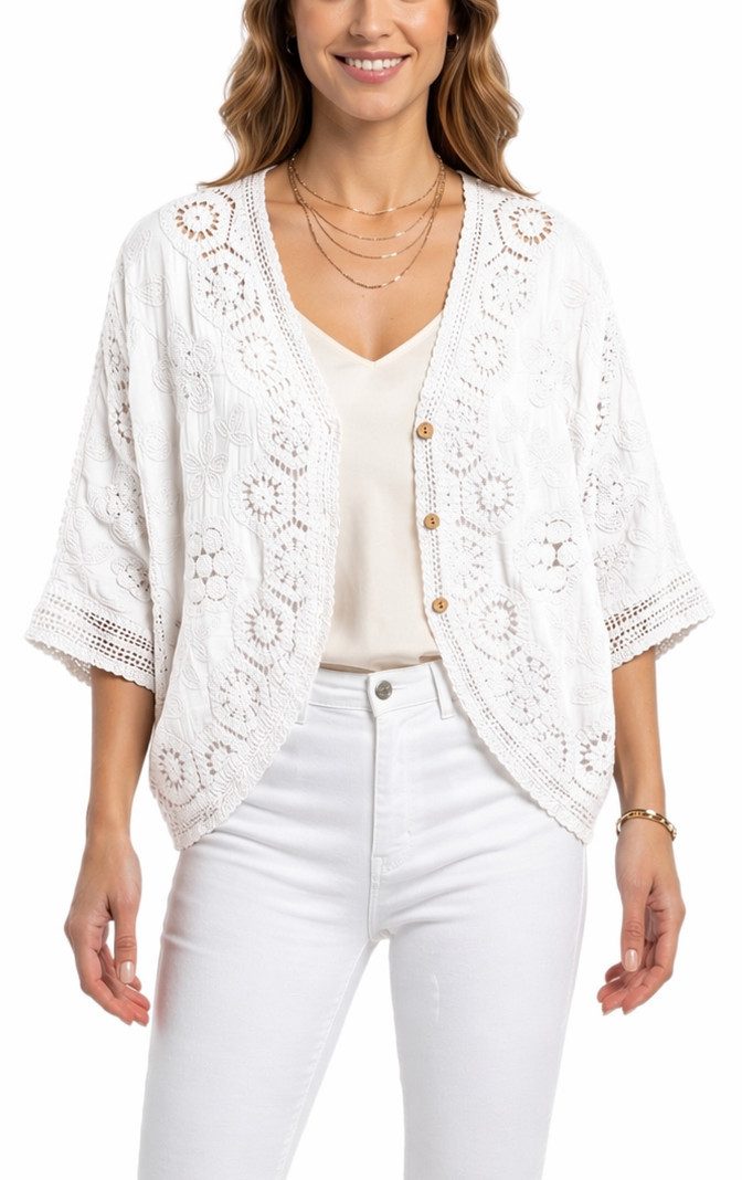 dy_mode Cardigan Damen Häkel Cardigan Kurze Sommerjacke Häkeloberteil Sommerjacke in Unifarben, mit Fledermaus-Ärmeln