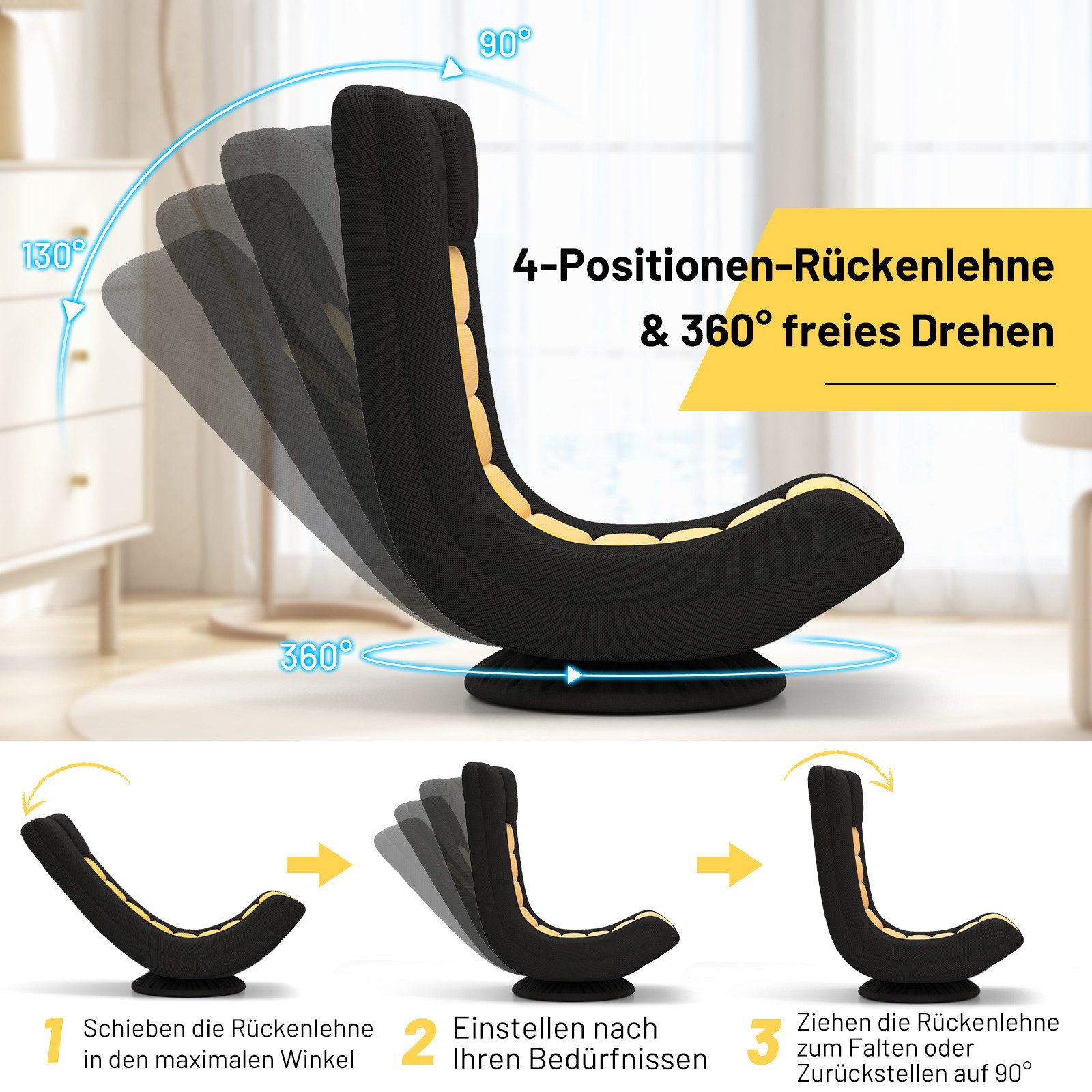 COSTWAY Relaxsessel, Bodenstuhl 360° drehbar, klappbar, verstellbar