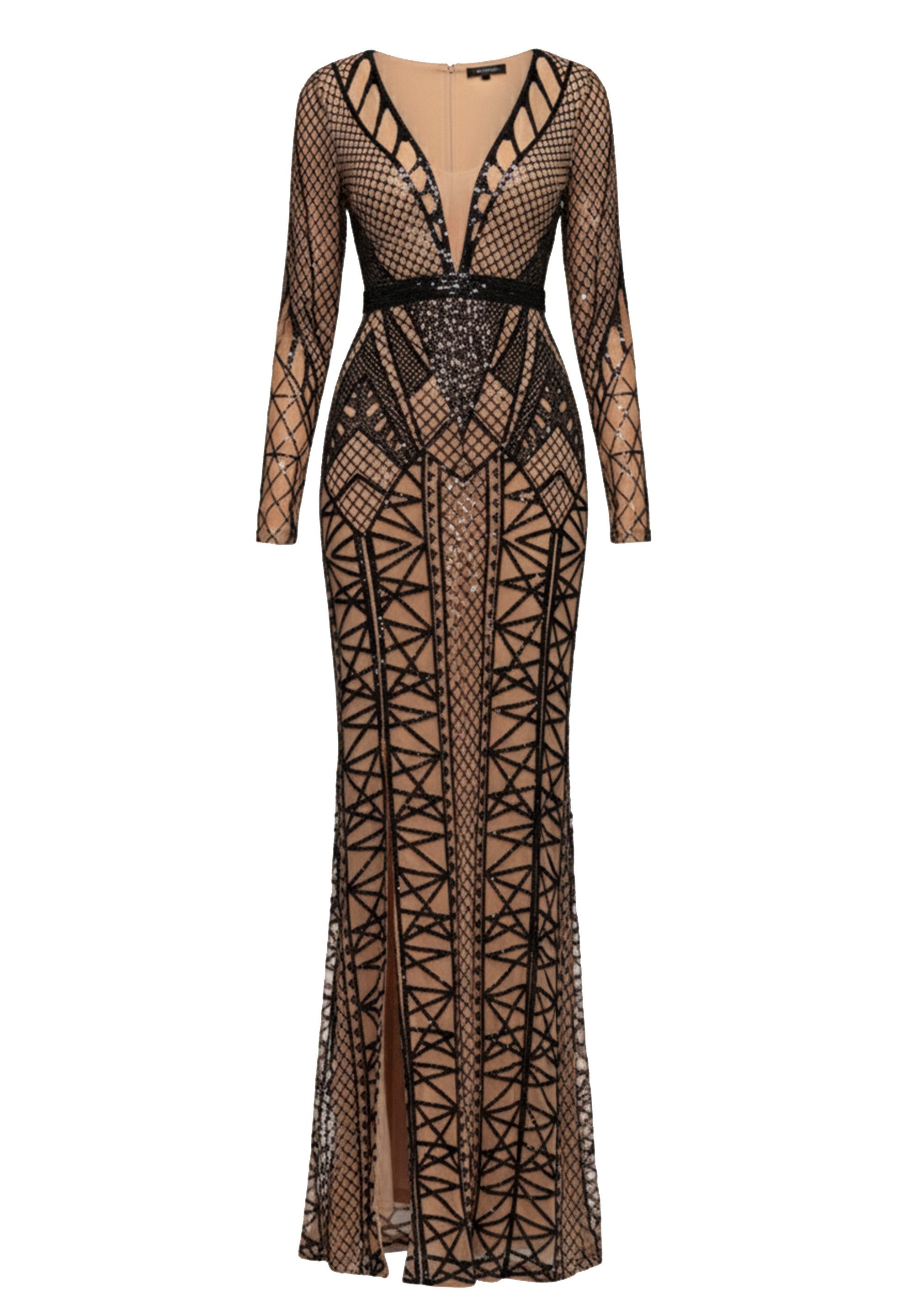 Goddiva Maxikleid Geometric Sequin Plunge Maxi Langes Kleid, Pailetten, Schulterpolster