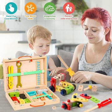 XDeer Spielwerkzeug Werkzeugkoffer Kinder,Holzspielzeug Werkbank Montessori Spielzeug, Kinderwerkzeug Lernspielzeug Werkzeug Koffer Kinder Geschenk