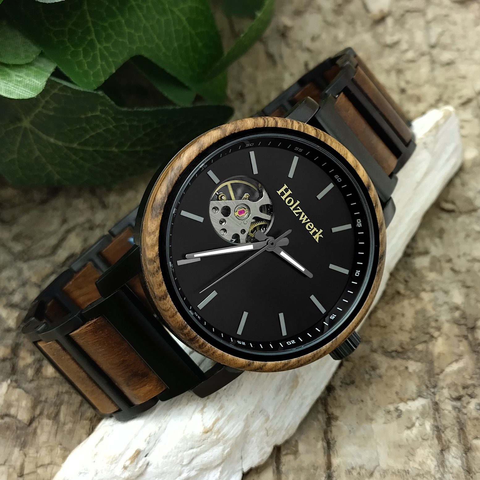 Holzwerk Automatikuhr Mechanische Herren Designer Edelstahl & Holz Armband Uhr, (inklsuive Armbandkürzer), Holz Unikate, ideal auch als Geschenk