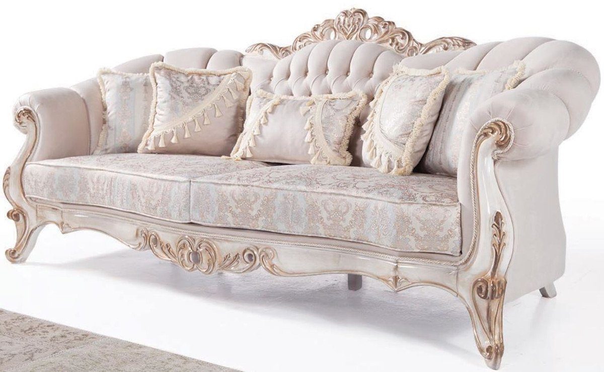 Casa Padrino Sofa Luxus Barock Wohnzimmer Sofa mit Kissen Hellgrau / Weiß / Antik Bronze 243 x 89 x H. 106 cm - Barock Möbel