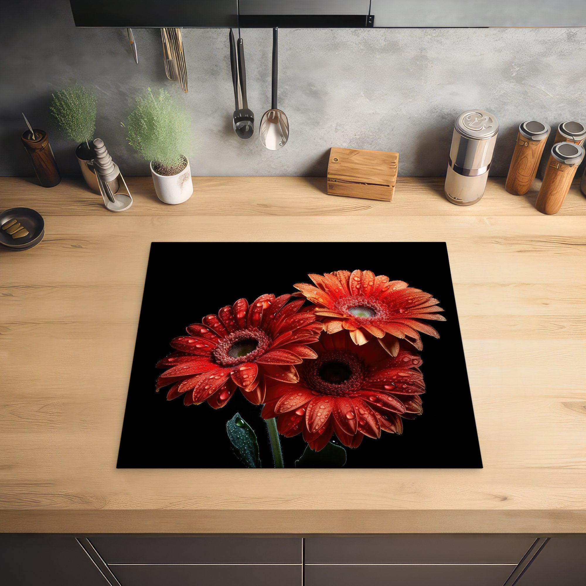 - - Ceranfeldabdeckung 60x52 - tlg), Rot Gerbera Mobile (1 Herdblende-/Abdeckplatte MuchoWow Vinyl, Botanisch Arbeitsfläche nutzbar, Natur, - cm, Blumen