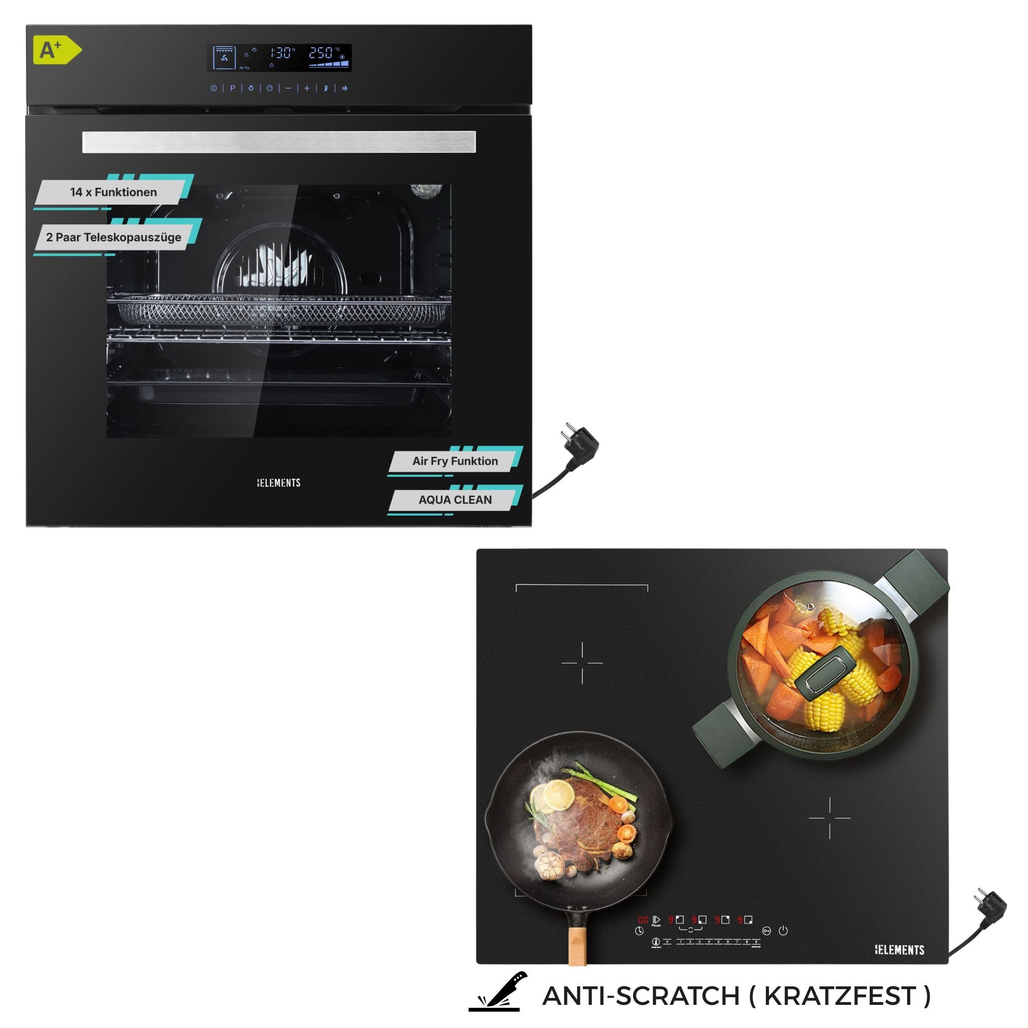 KB Elements Induktions Herd-Set KB ELEMENTS Herdset Backofen 60cm, Kratzfestes Induktionskochfeld 60cm, mit 2-fach-Teleskopauszug, AQUA CLEAN, Backofen Full Touch mit 15 Funktionen, Kratzfestes Induktionskochfeld
