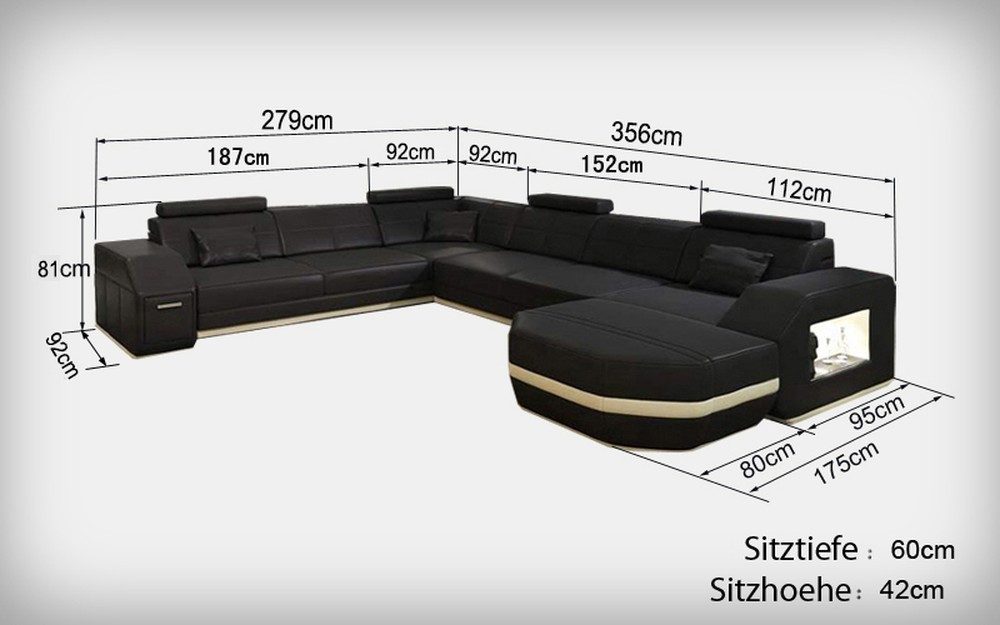 JVmoebel Ecksofa Moderne Ledergarnitur in Weiß mit USB-Anschluss und LED-Beleuchtung, Made in Europa