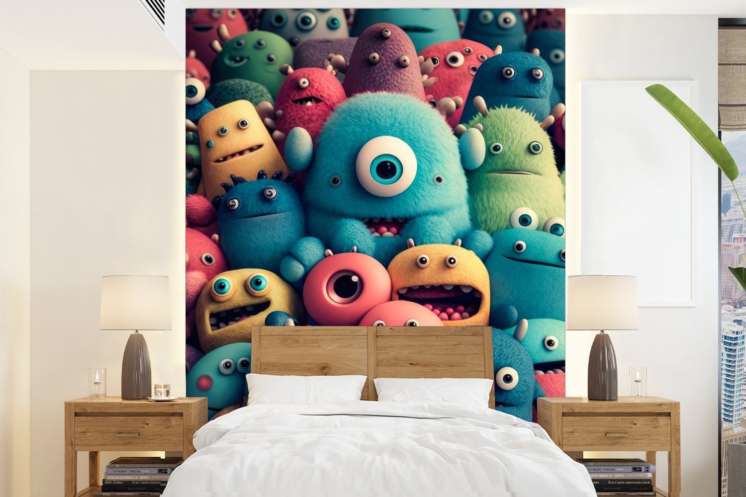 MuchoWow Fototapete Kinder - Monster - Regenbogen - Design - Mädchen - Jungen, Matt, bedruckt, (4 St), Montagefertig Vinyl Tapete für Wohnzimmer, Wandtapete