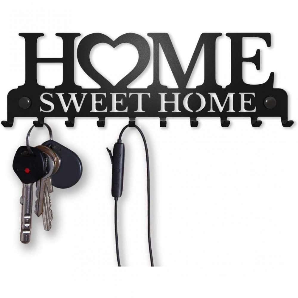 Lubgitsr Schlüsselbrett Schlüsselbrett Home Sweet Home, Schlüsselboard Schwarz mit 10 Haken, (1 St)