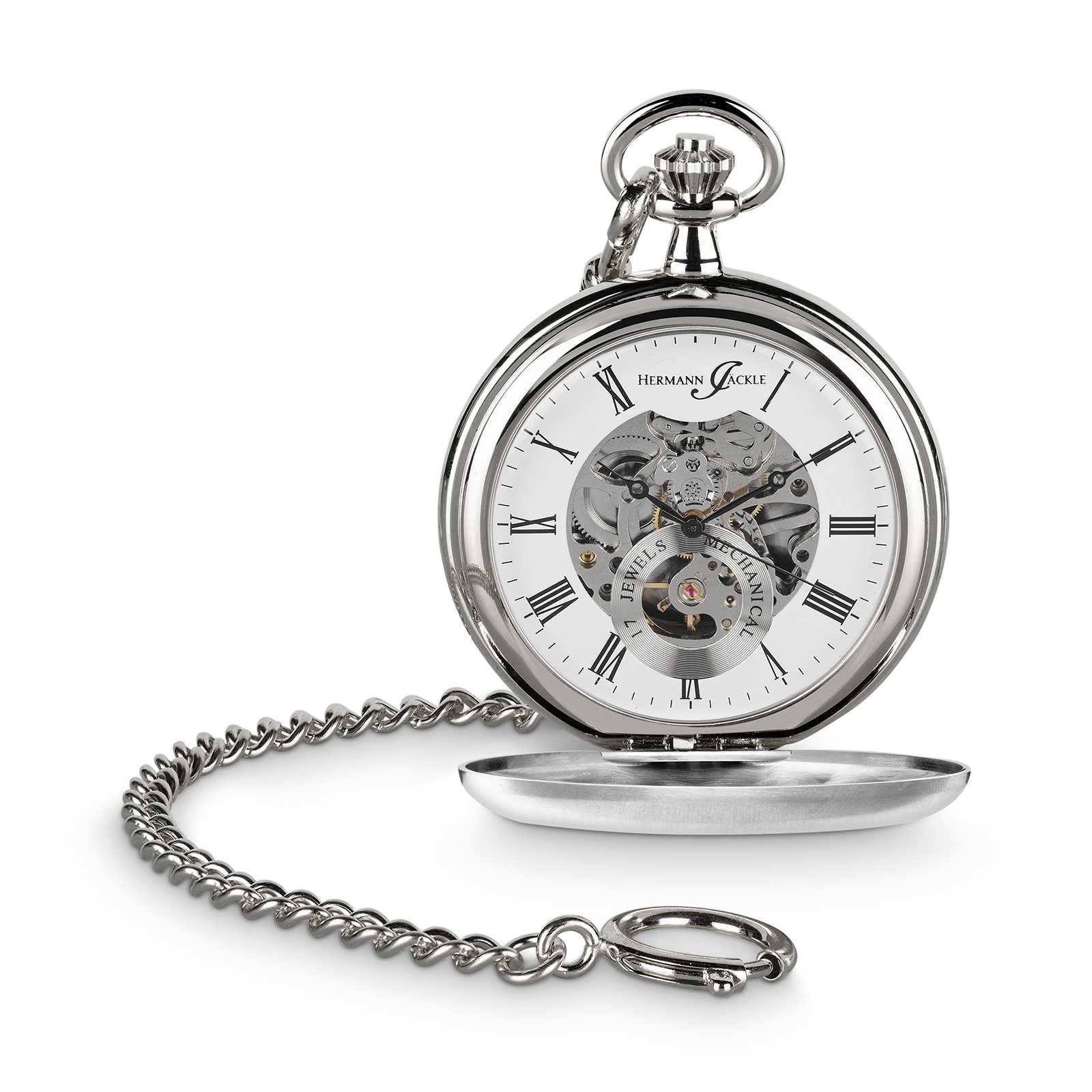 Hermann Jäckle Taschenuhr Heidelberg Skelett mit Handaufzug, inklusive Kette und Reiseetui