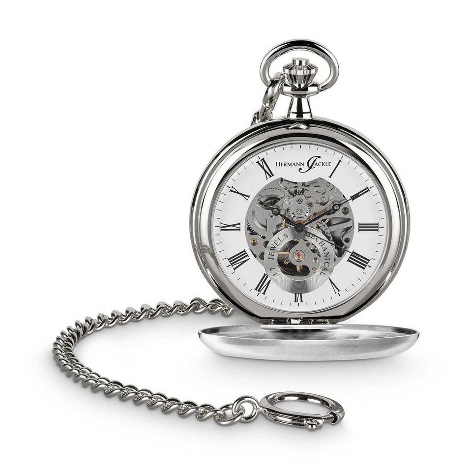 Hermann Jäckle Taschenuhr Heidelberg Skelett mit Handaufzug, inklusive Kette  und Reiseetui