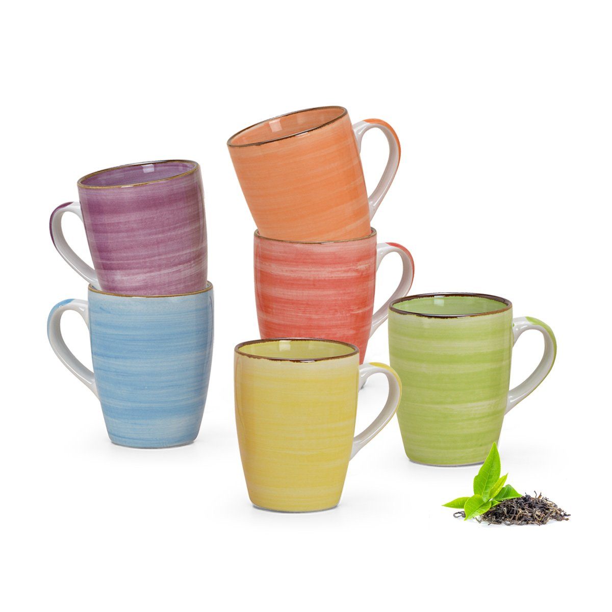 matches21 HOME & HOBBY Tasse Kaffeebecher 6er Set einfarbig modern Vintage - wie bemalt, 6-tlg., Keramik, Tee Kaffee-Becher, blau violett gelb rot orange grün, 340 ml