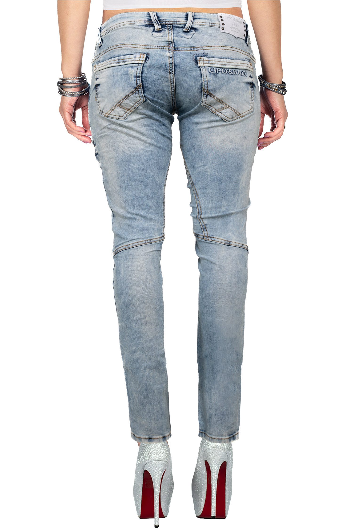 Cipo & Baxx Bikerjeans Stonewashed Hose BA-WD216 mit Verzierungen und Zusätzlichen Taschen