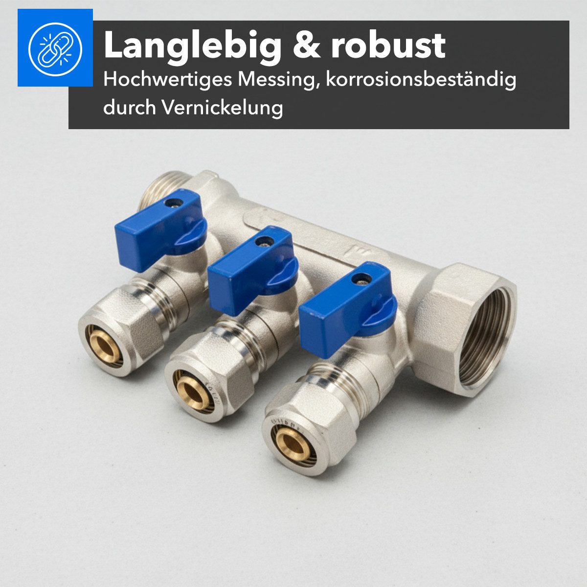 Belrad Gewindefitting Heizkreisverteiler für Heizungen BLR408, 3 Abgänge mit Kugelhahn, (einzel, 1-tlg), Eurokonus 1/2" 16 mm, 1" AG/IG, vernickeltes Messing, 35 mm Abstand