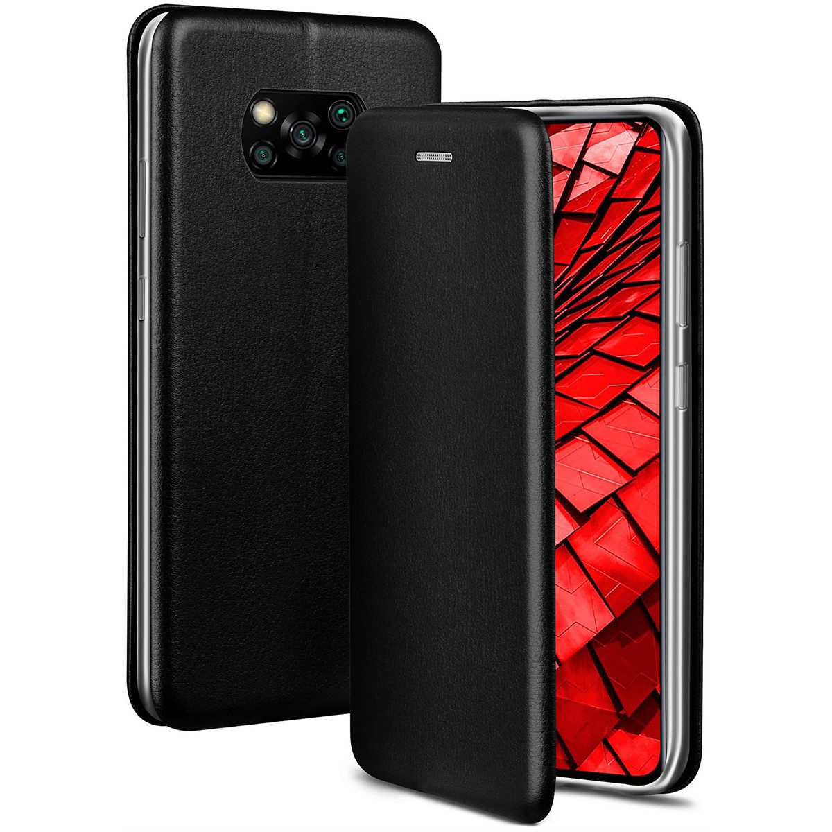 ONEFLOW Handyhülle für Poco X3 NFC Premium Hülle Business Cover Schwarz 6,67 Zoll, 360 Grad Schutzhülle Flip Case Etui Klapphülle Dünn Leder Handy Tasche