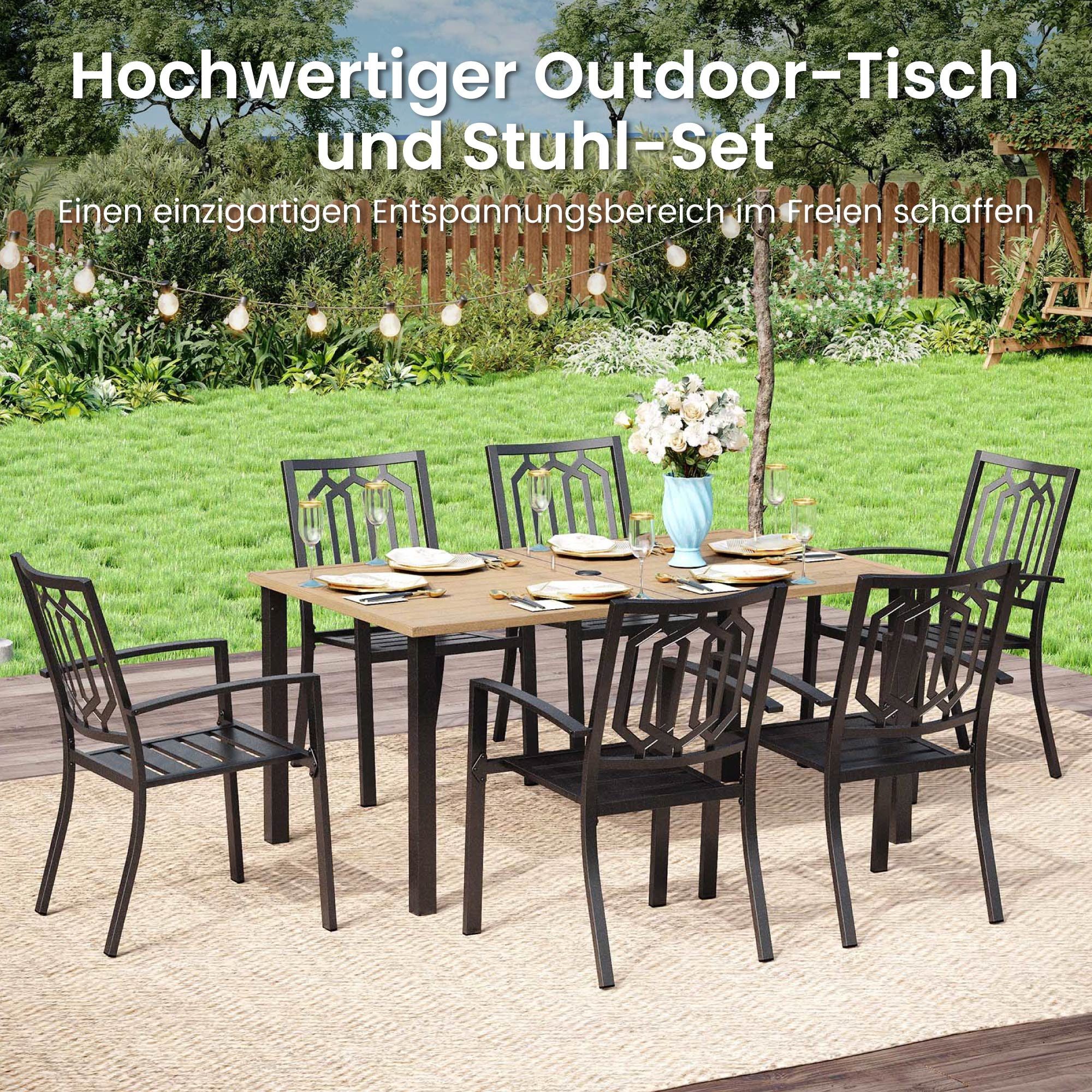 PHI VILLA Garten-Essgruppe, (Metall Tisch mit 4cm Schirmloch), Modern Terrasse Balkon Möbelsets Sitzgruppe