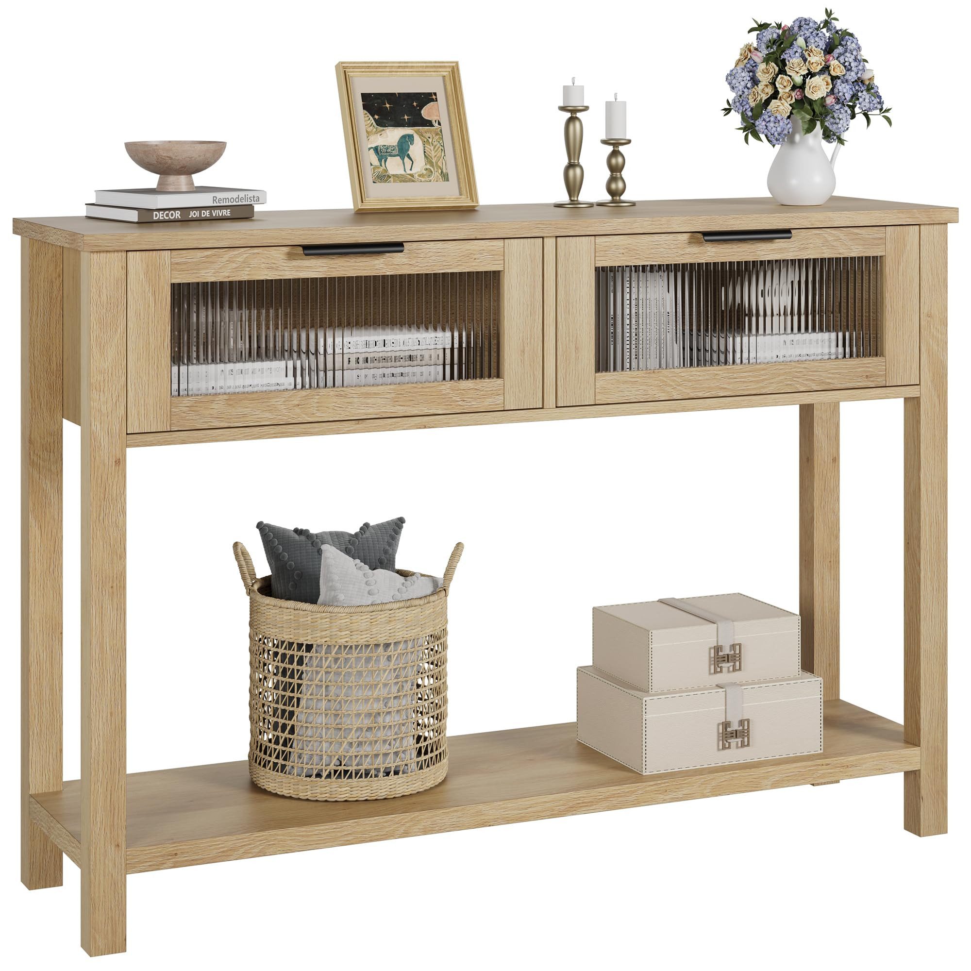 GarveeMore Konsolentisch Holz Konsole Tisch mit 2 Glasschubladen 2-Ebene So günstig online kaufen