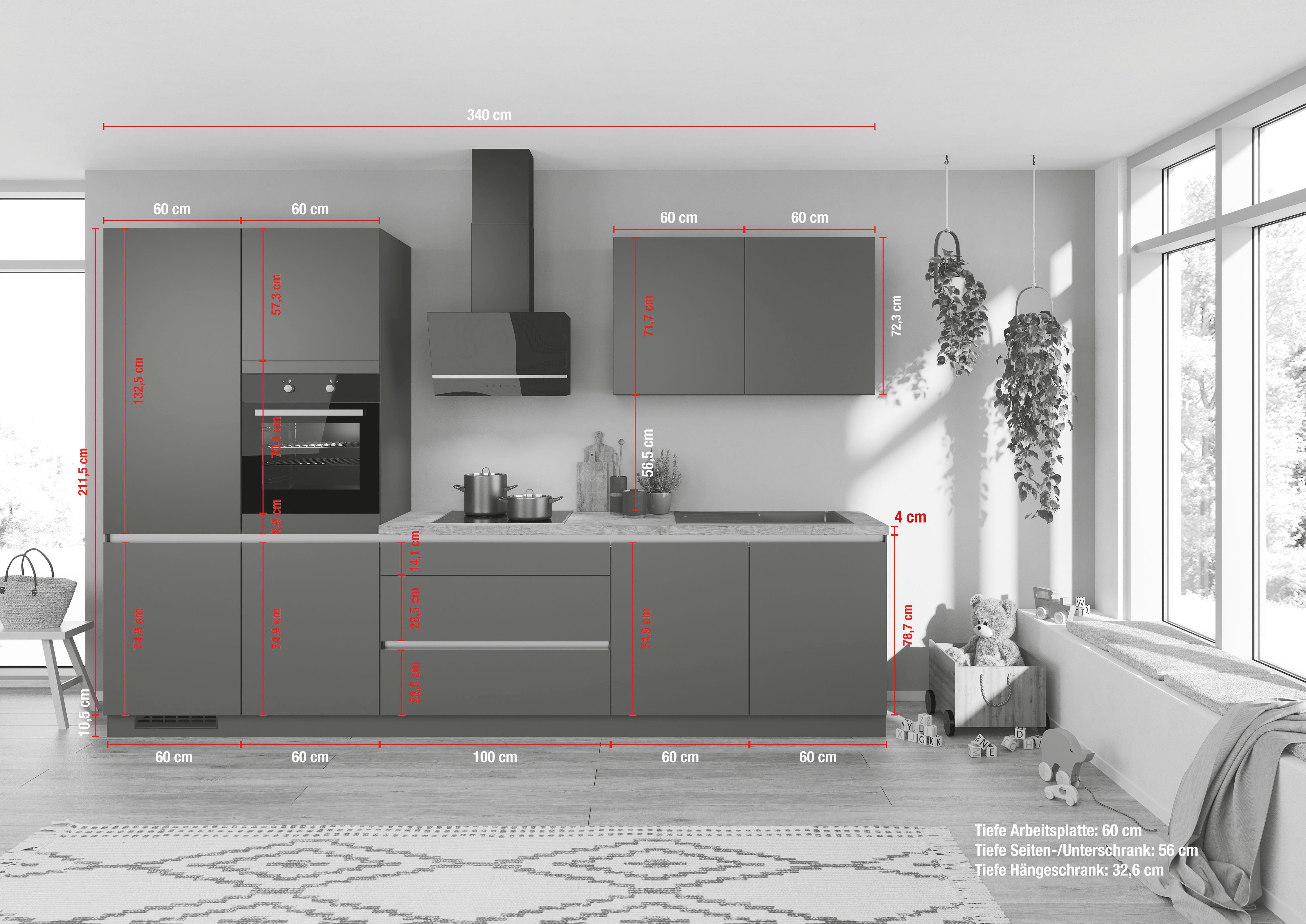 Onyx Grau IMPULS Breite E-Geräten, 340 Vollauszug, vormontiert, Hochglanz/Seeahorn mit cm wahlweise mit "Dublin", Küche KÜCHEN Nachbildung