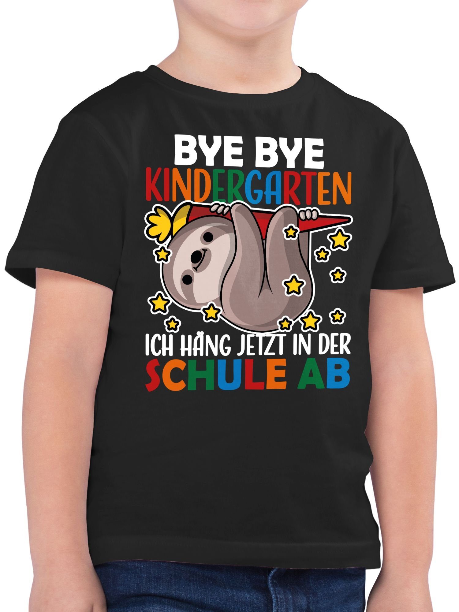 Shirtracer T-Shirt Bye Bye Kindergarten ich hänge jetzt in der Schule ab mit Faultier - w Einschulung Junge Schulanfang Geschenke 3 Schwarz