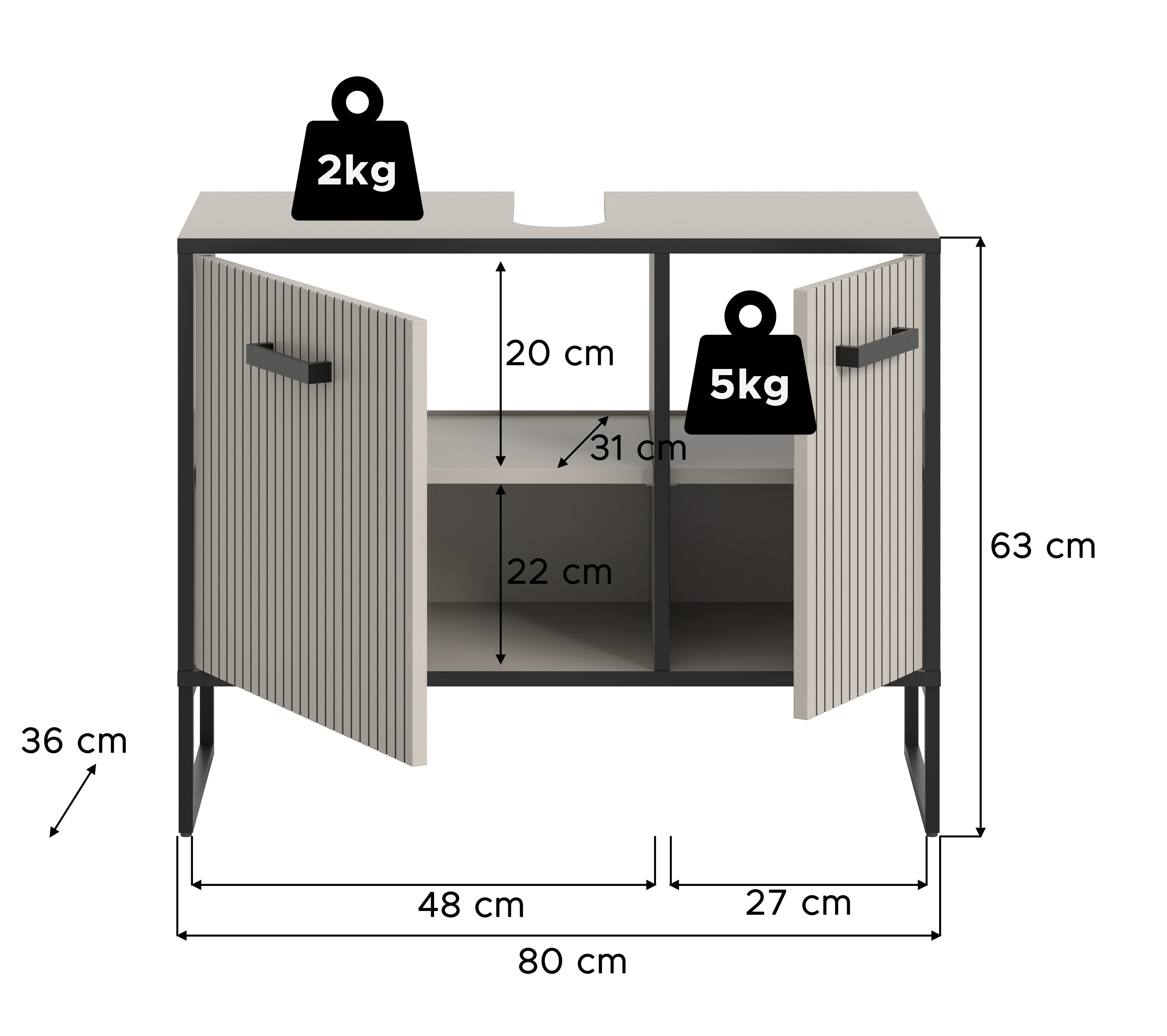 welltime Waschbeckenunterschrank Locri, Höhe 63 cm, Rillenoptik, Metall Kufen (1-St) modernes Design, Badschrank, Unterschrank, Bad
