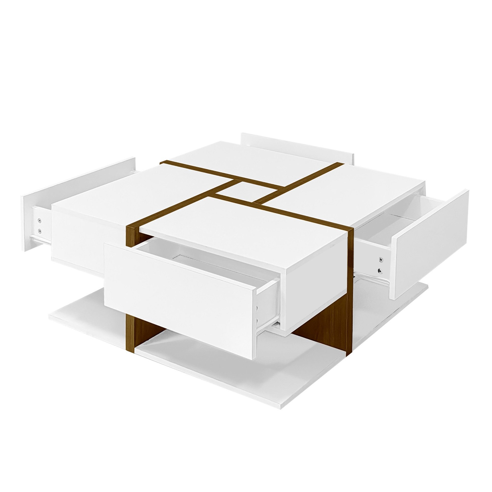 EXTSUD Couchtisch Hochglanz-Couchtisch 4 Schubladen – Quadrat & Linien (ein Tisch), einzigartige Farbabstimmung und Liniendesign, Stauraum unten