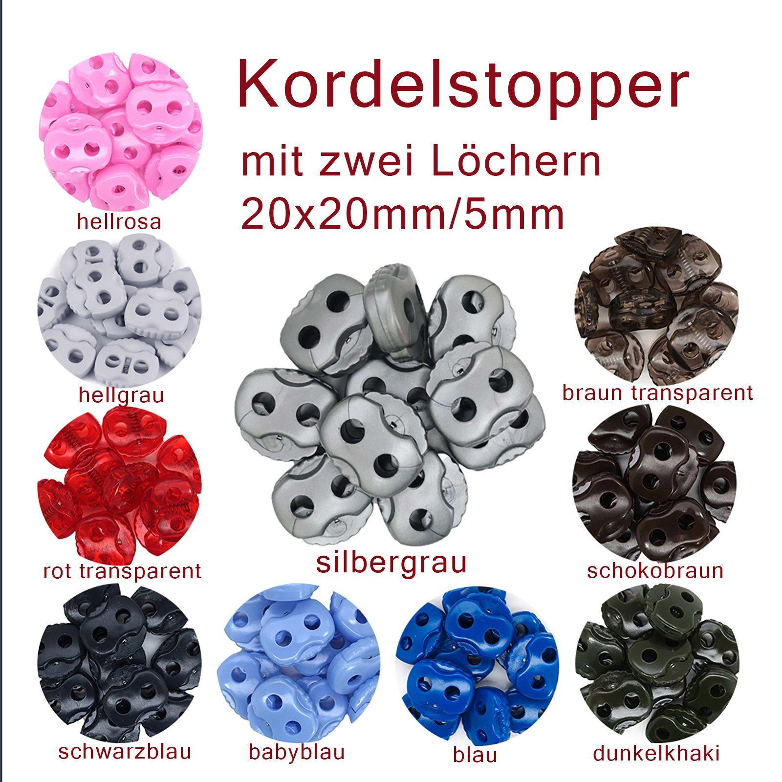 maDDma 10 Kordelstopper mit zwei Löchern 20x20mm, Durchzug 5mm Gurtstecker