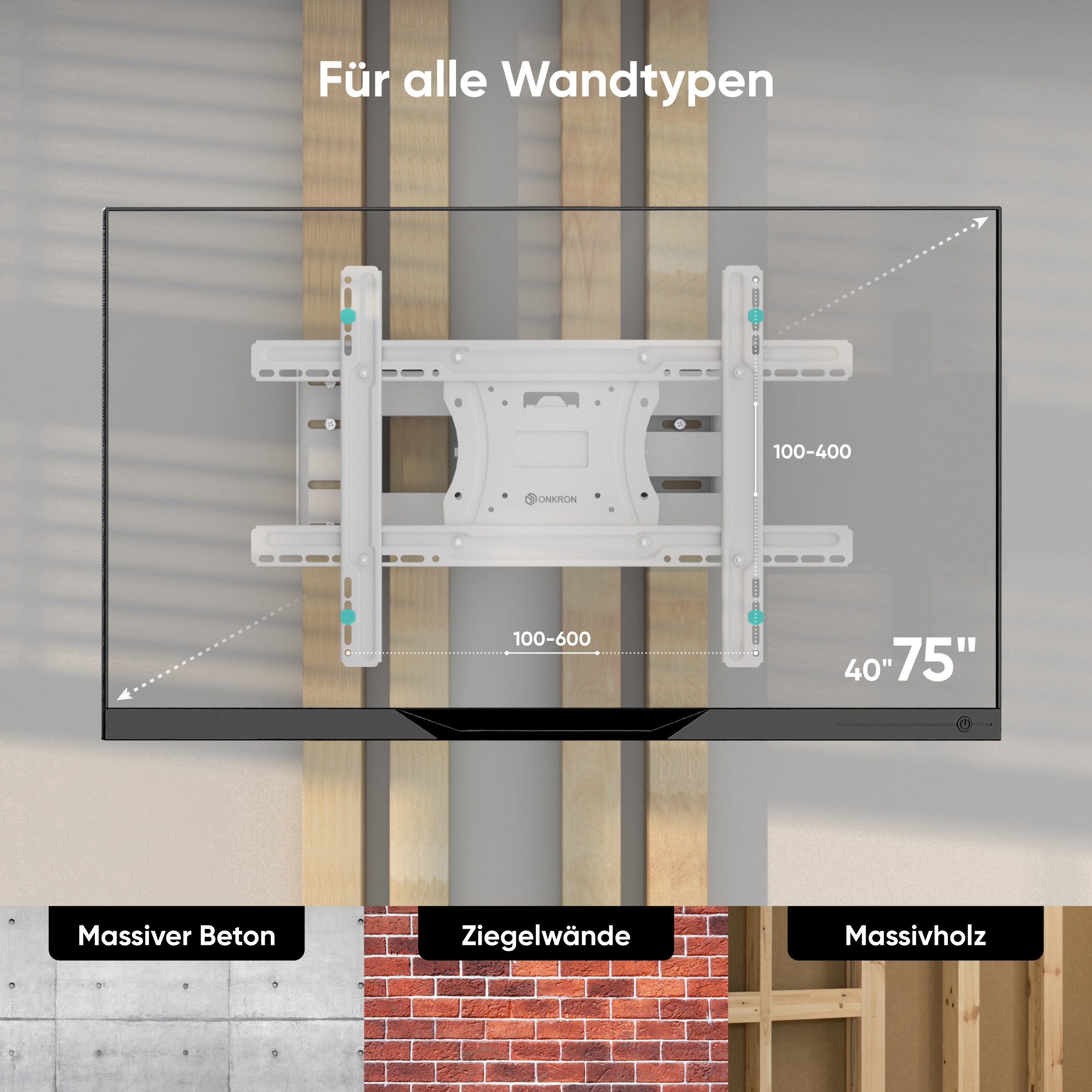 ONKRON TV-Wandhalterung 40-75 Zoll, bis 68 kg, VESA 100x100-600x400, M7L-W, (bis 75,00 Zoll, schwenkbar, neigbar, ausziehbar, langer Arm, horizontale Nivellieru – Bild 5 von 5