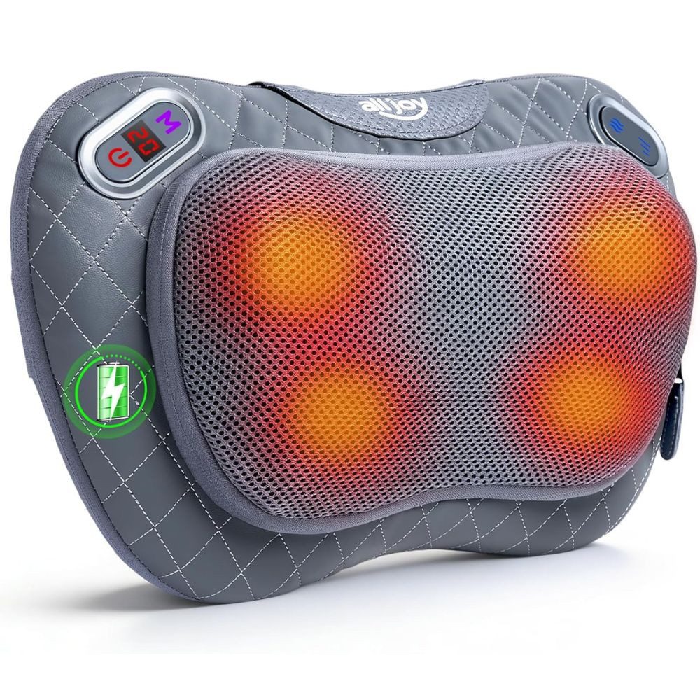 ALLJOY Nacken-Massagegerät Shiatsu Massagekissen mit Wärmefunktion,Kabelloses,LCD-Display & Akku, 3 Massage-Modi,abnehmbarer waschbarer Netzbezug, Nutzung während des Ladens möglich,20min-Abschaltautomatik