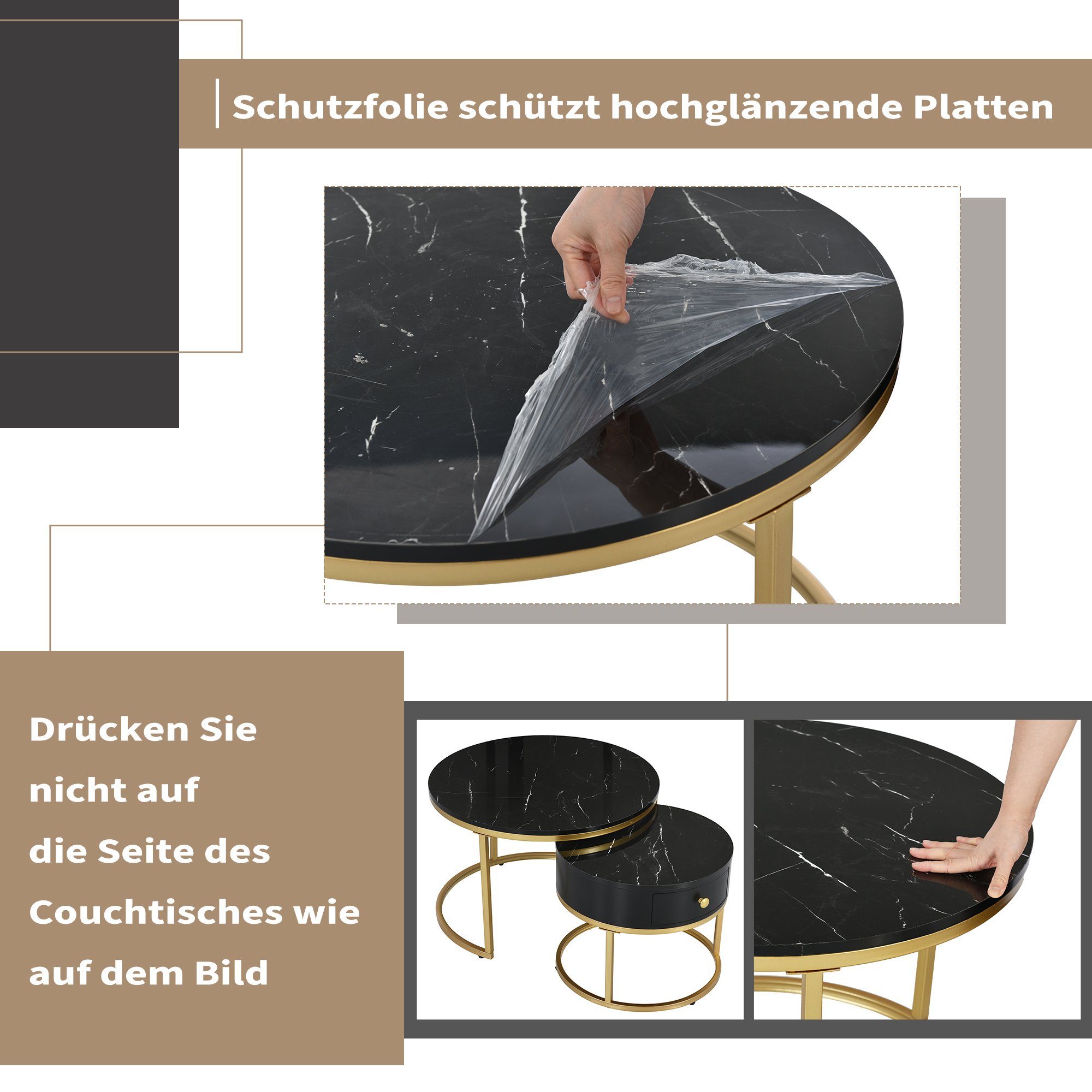 Couchtisch (2-St., Sofatische Satztische in hochglanz Marmoroptik), rund Beistelltisch ∅70x45cm ∅50x40cm, Gestell aus Metall