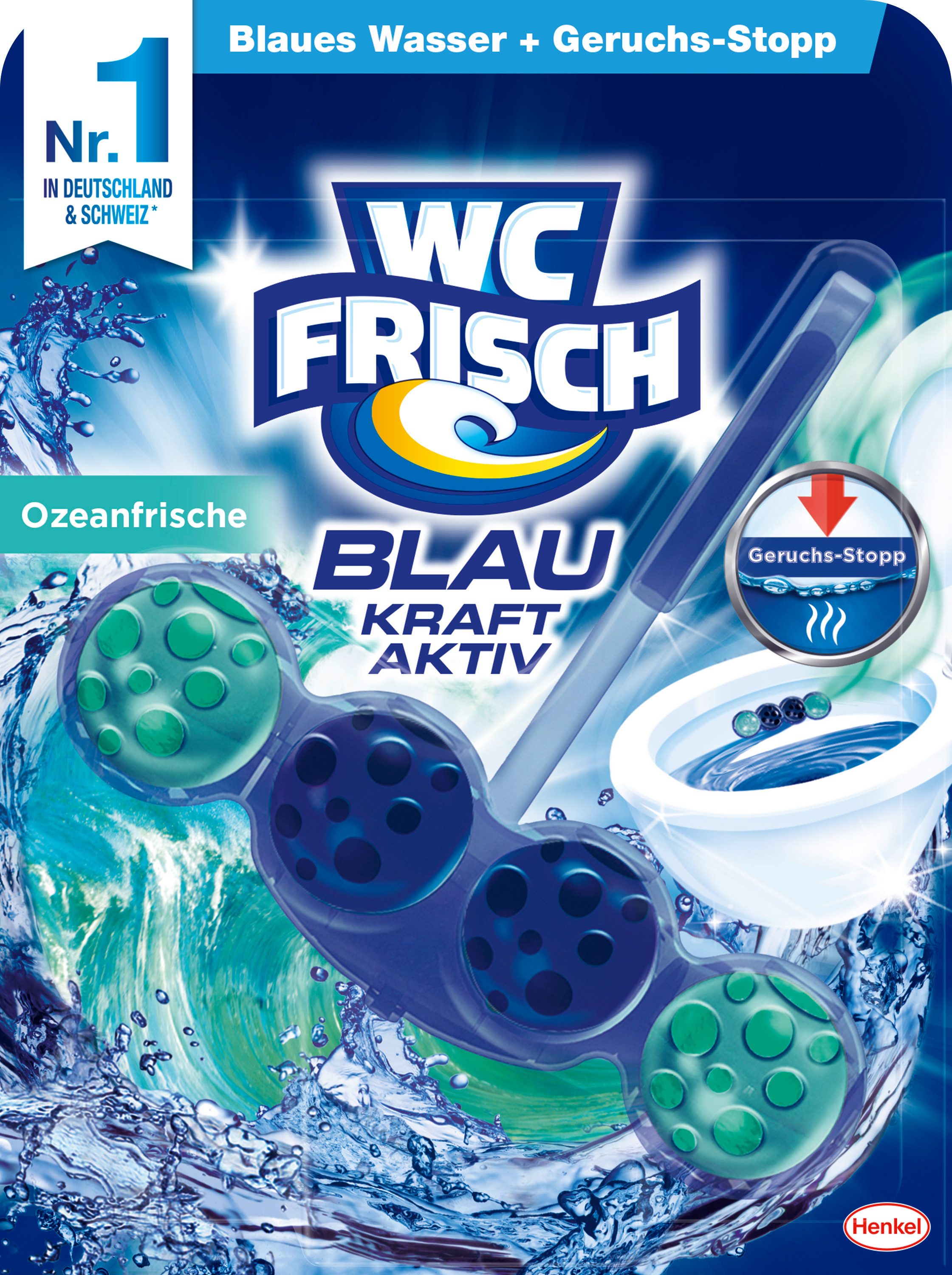 WC Frisch Kraft-Aktiv Blauspüler Ozeanfrische WC-Reiniger (Packung, [1-St. Farbspüler mit 50 Prozent mehr Glanz)