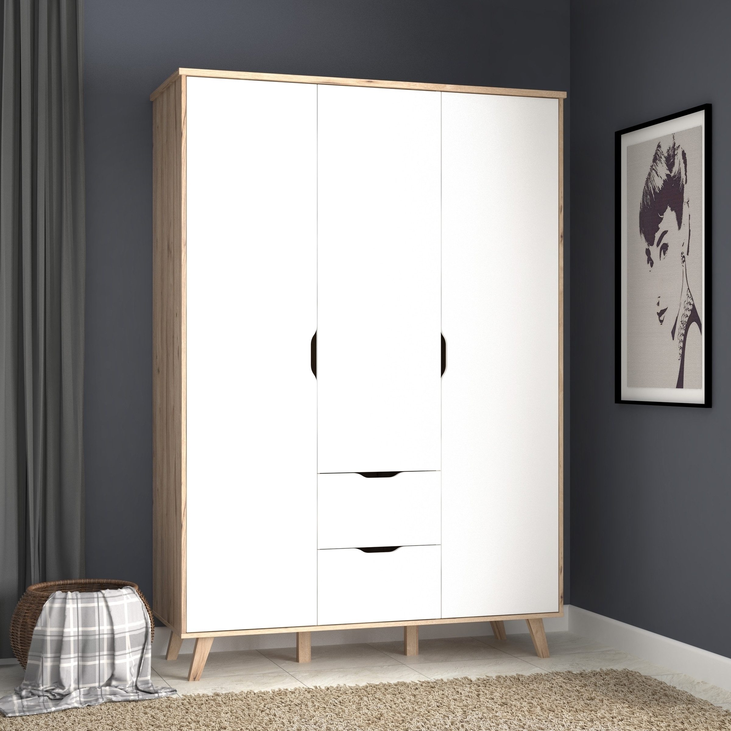 freiraum Kleiderschrank VANKKA 2 Schübe, Planked Eiche Dekor / Weiss - 139,4x201,5x52,7cm (B/H/T)