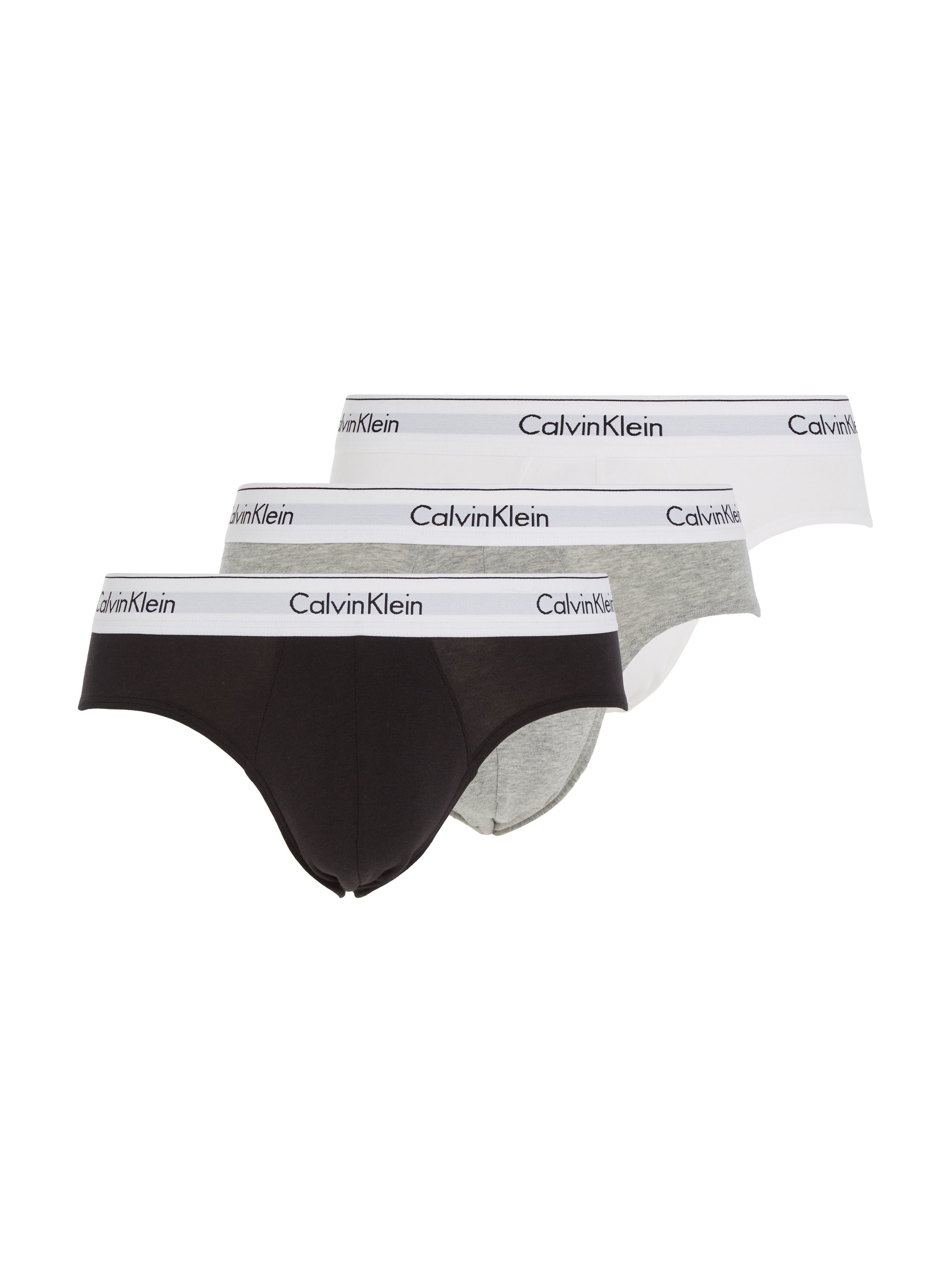 auf Underwear hellgrau-meliert, Slip (Packung, dem 3-St) Klein weiß Logoschriftzug Bund Calvin mit schwarz,