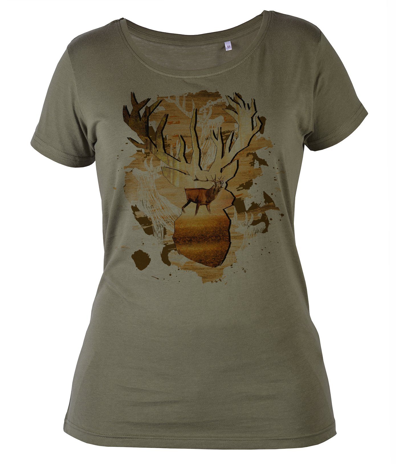 - Motiv: Damenshirt / Hirsch T-Shirt Baumwollstoff, / hochwertiges aus Shirts weichem Jäger Tini Hirsch Damenshirt Jagd