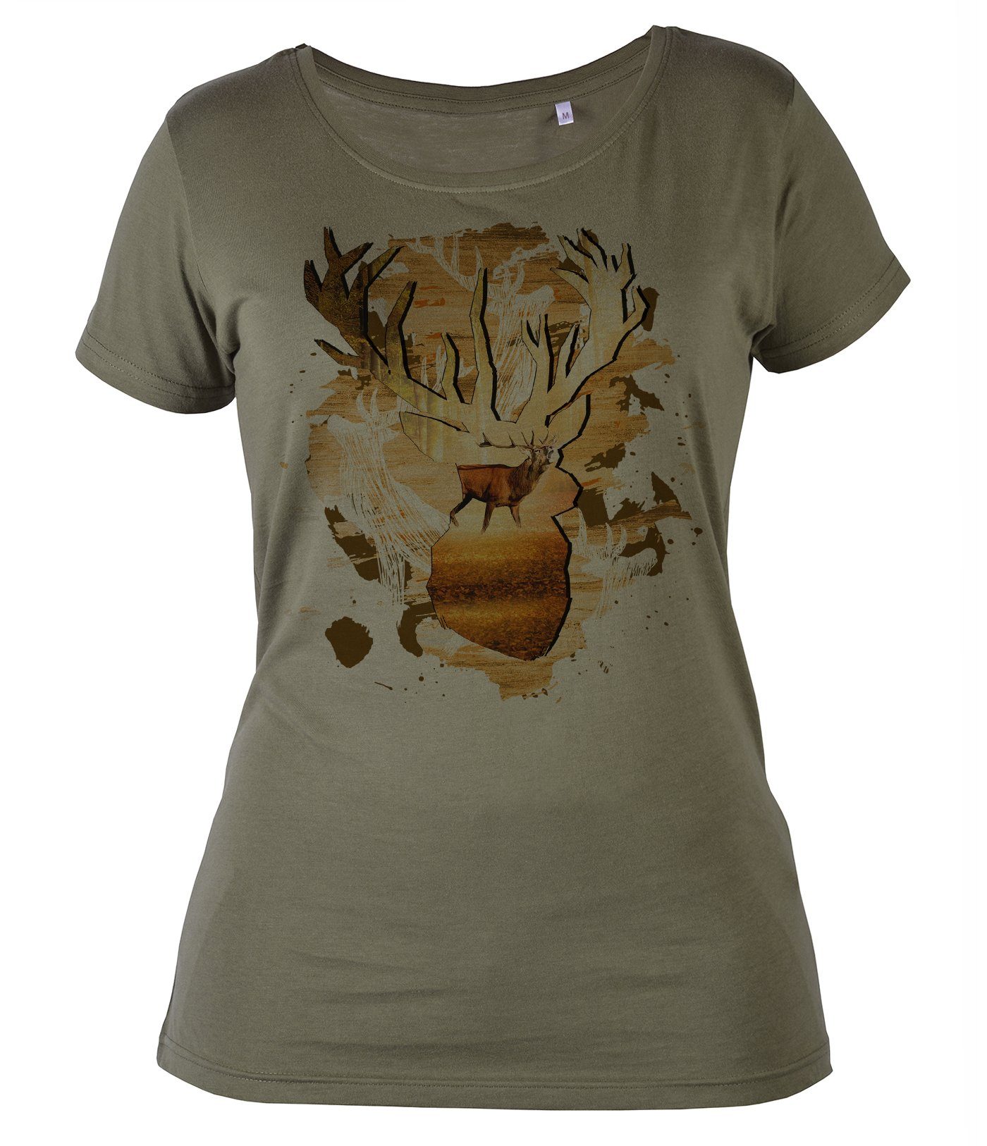 / aus - Jagd Jäger Hirsch Hirsch hochwertiges Motiv: T-Shirt Damenshirt weichem Baumwollstoff, Tini Damenshirt / Shirts