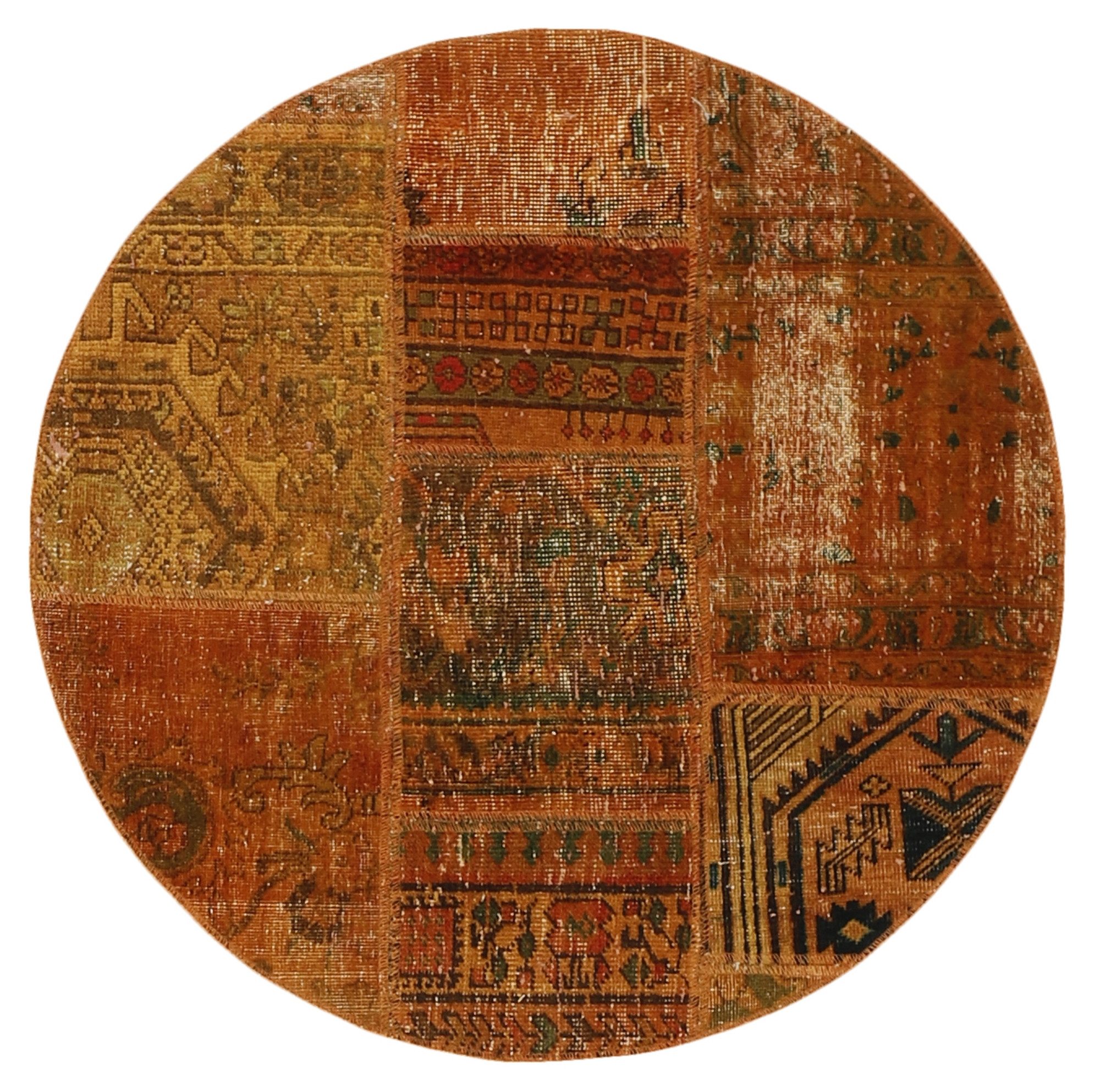 Wohnando Teppich MY-RUG Vintage Patch Work Floral & Ornamentiert 100x100cm, Rund, Höhe: 10 mm, Handgeknüpfter Teppich,Handgesponnene Wolle, mit Naturfarben gegärbt
