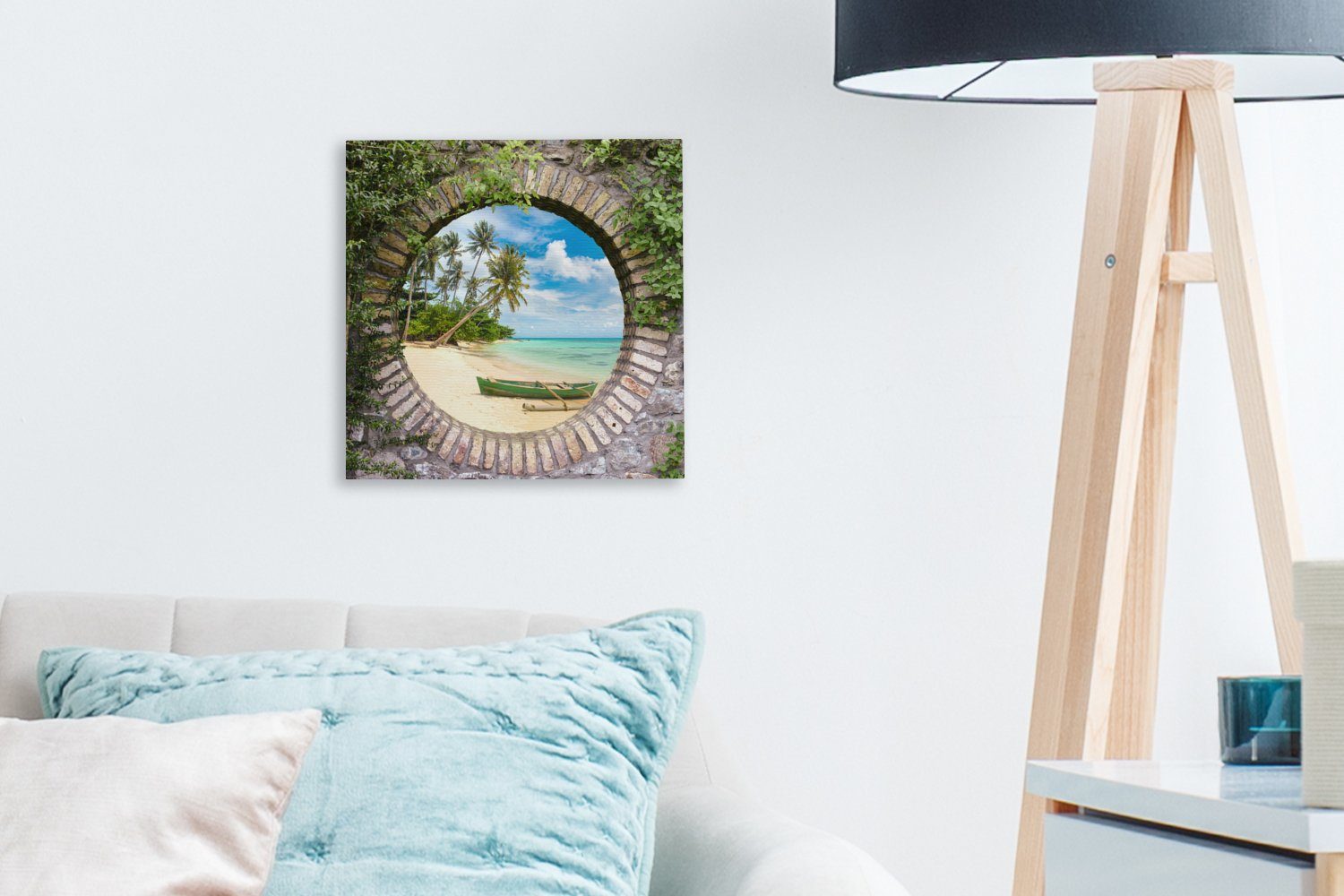 - Aussicht Schlafzimmer Strand OneMillionCanvasses® Leinwandbild Wohnzimmer (1 Palme Kanu, Bilder - St), Leinwand für -