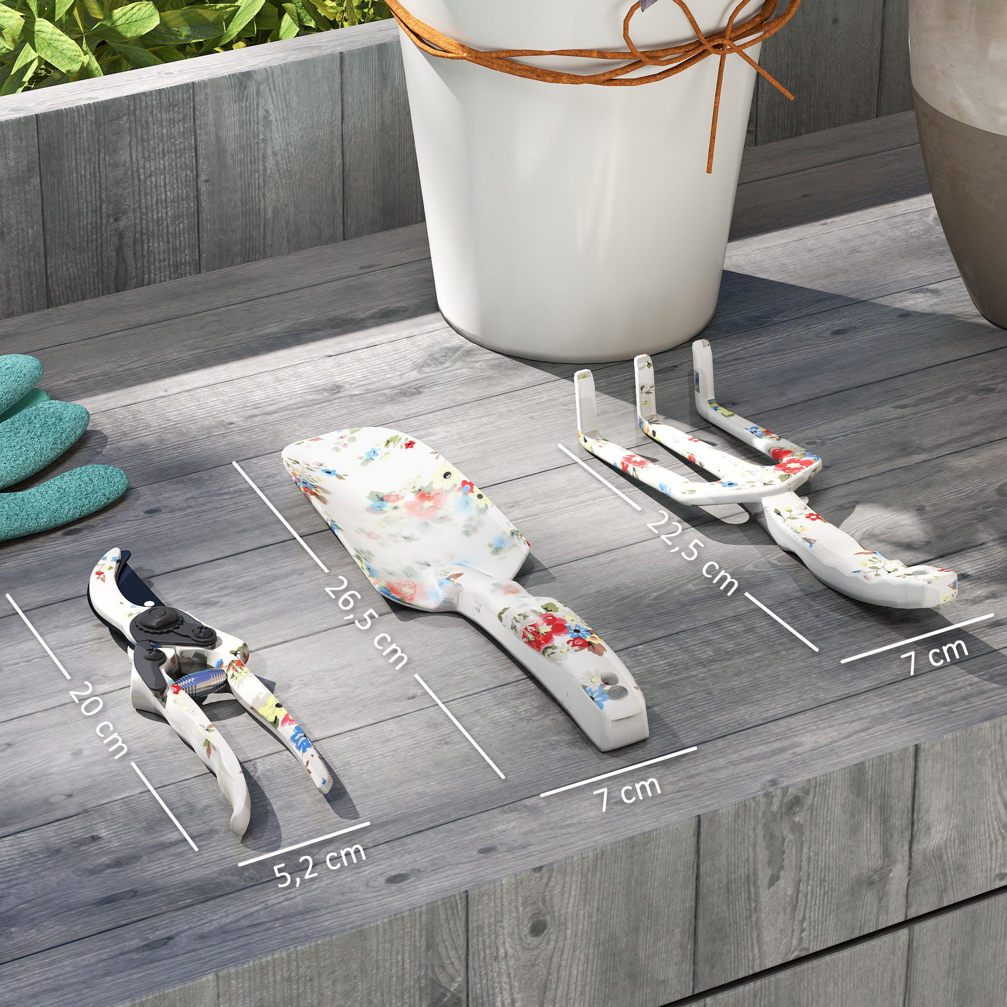 Outsunny Gartenpflege-Set 7 Stück, aus Metall, mit Blumenkelle, Handrechen, Gartenschere, Gartengeschenke für Frauen und Männer Mehrfarbig