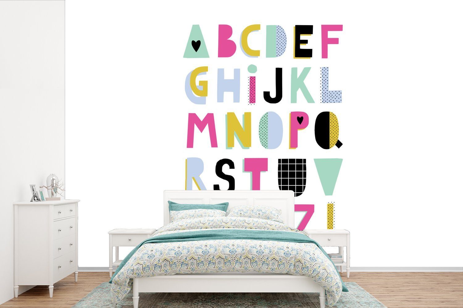 MuchoWow Fototapete Alphabet - Gelb - Blau, Matt, bedruckt, (6 St), Wallpaper für Wohnzimmer, Schlafzimmer, Kinderzimmer, Vinyl Tapete