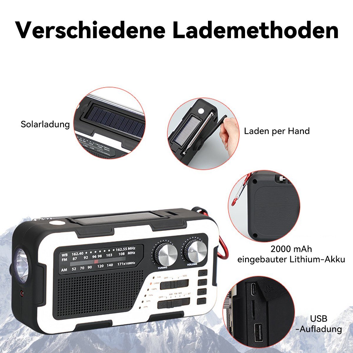 DOPWii Solar Handyladefunktion,LED Kurbelradio Radio,2000mAh (DAB) mit Digitalradio Taschenlampe
