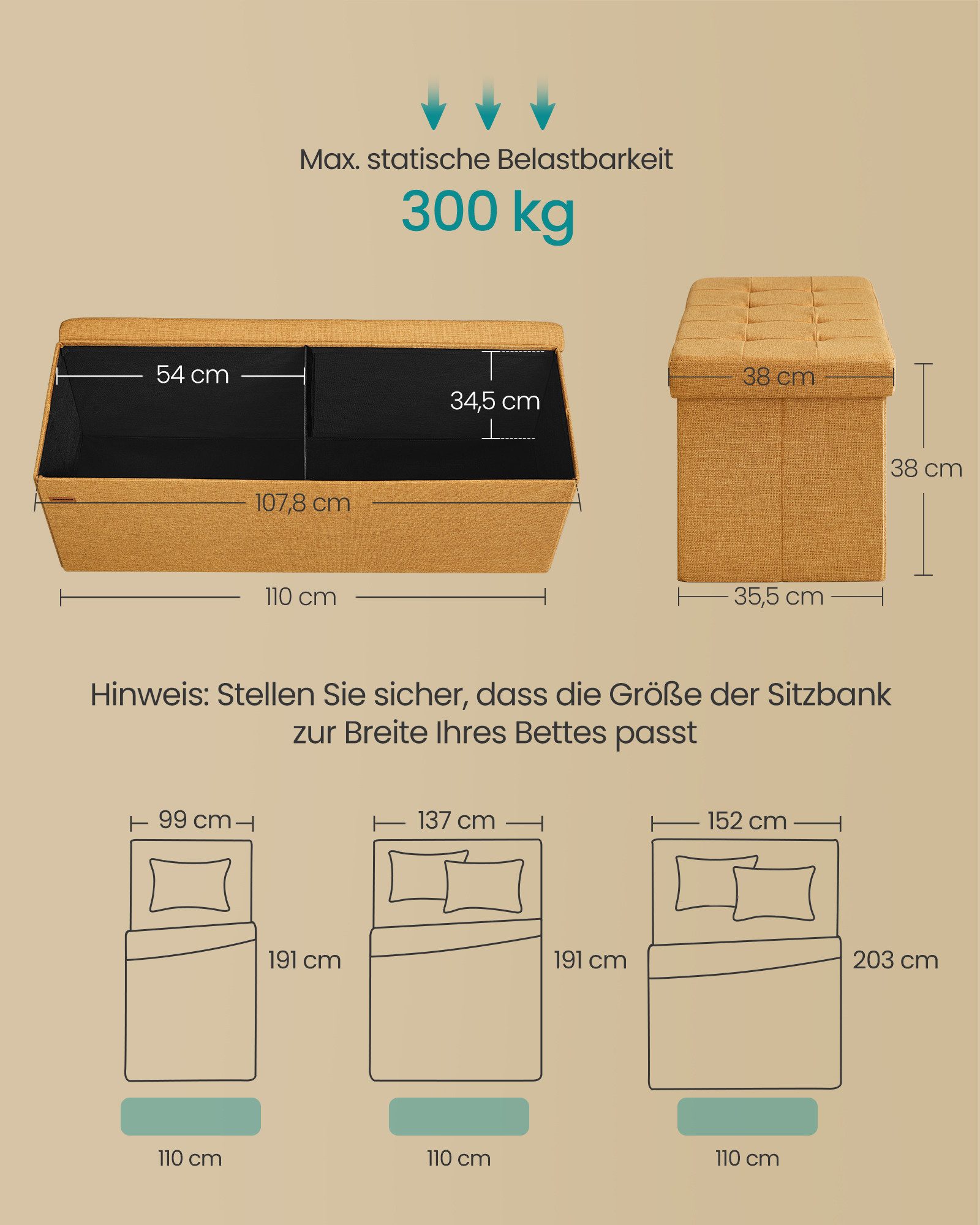 SONGMICS Sitzbank Sitzhocker mit Stauraum, klappbare, für Wohnzimmer Schlafzimmer Flur, 38 x 110 x 38 cm Fußbank, Aufbewahrungsbox, bis 300 kg belastbar