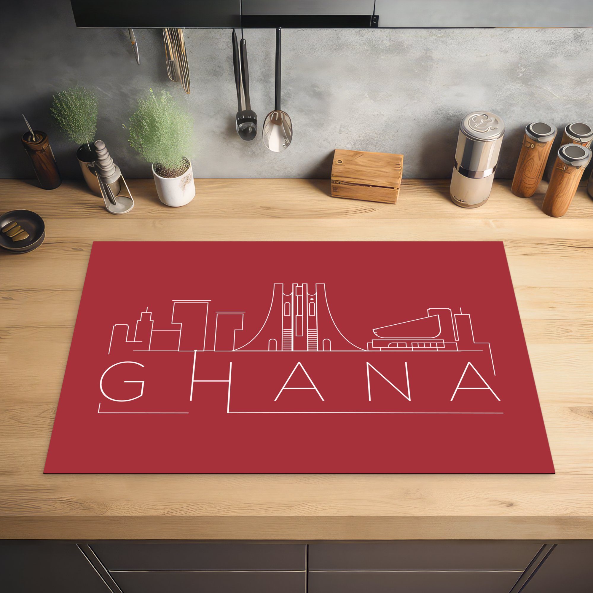 MuchoWow Herdblende-/Abdeckplatte (1 Schutz Vinyl, rotem küche, Skyline die tlg), Ceranfeldabdeckung Induktionskochfeld für auf "Ghana" Hintergrund, 81x52 cm