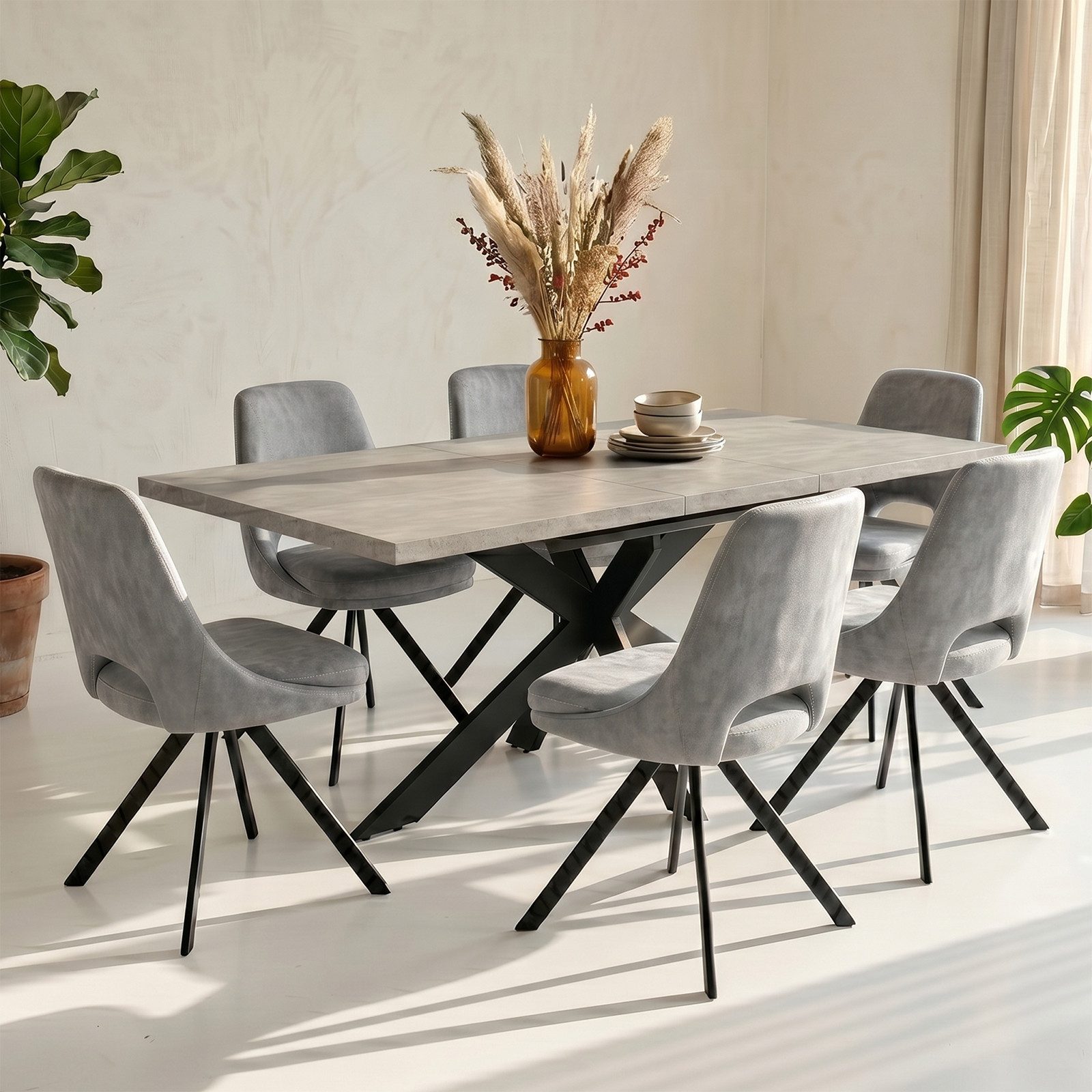 Jiexi Essgruppe Tisch-und Stuhlset, Ausziehbarer Esstisch (160–200 cm) mit 6-8 Stühlen