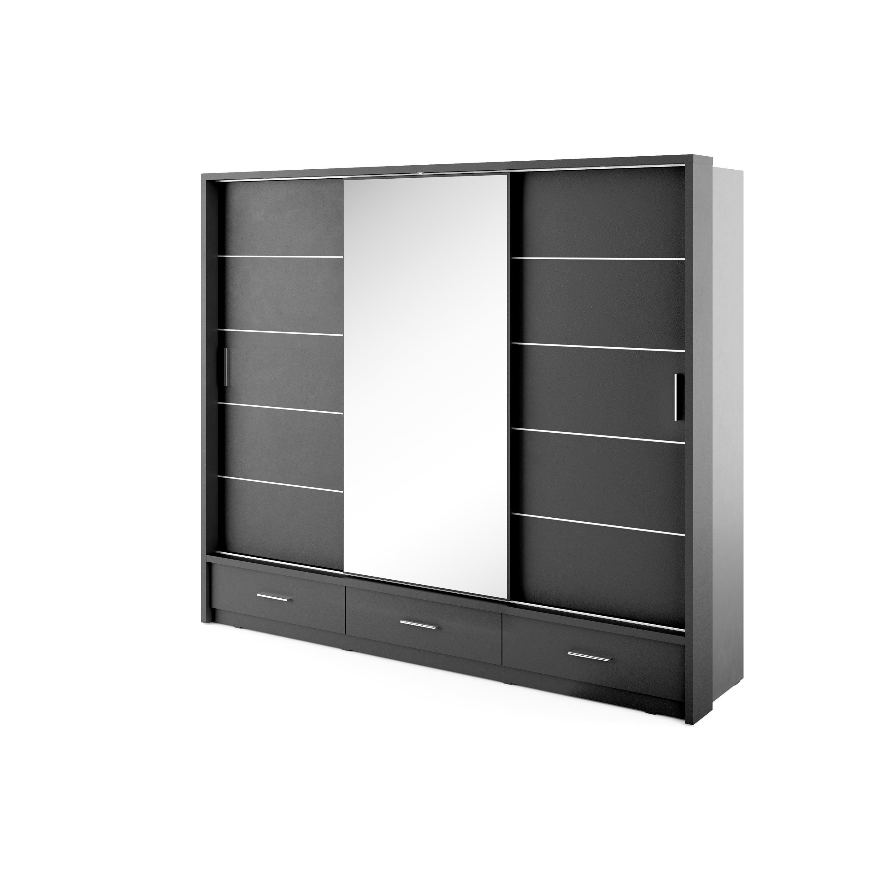 Compleo Kleiderschrank Spiegel, mit mit ARTI 01 3 Schwebetürenschrank schwarz 3-türig Schubladen