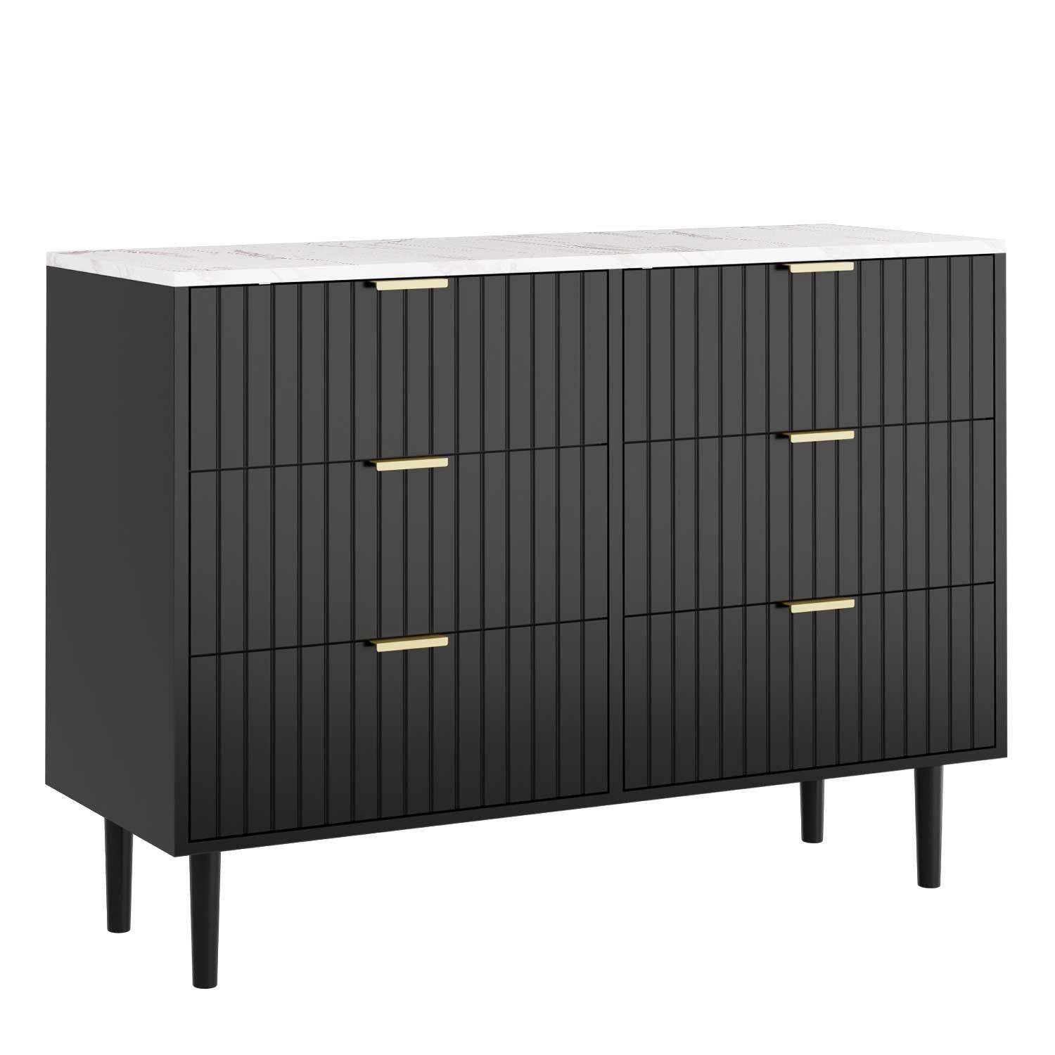 UEV Kommode mit 6 Schubladen Sideboard TV Board für Wohnzimmer,Schlafzimmer (Schrank mit Füße/Metallgriffe, Aufbewahrungsschrank viel Stauraum Highboard Schmal Buffet modern), 100 x 34 x 75cm, marmorfarbrig Mehrzweckschrank aus Holz für Büro Flur