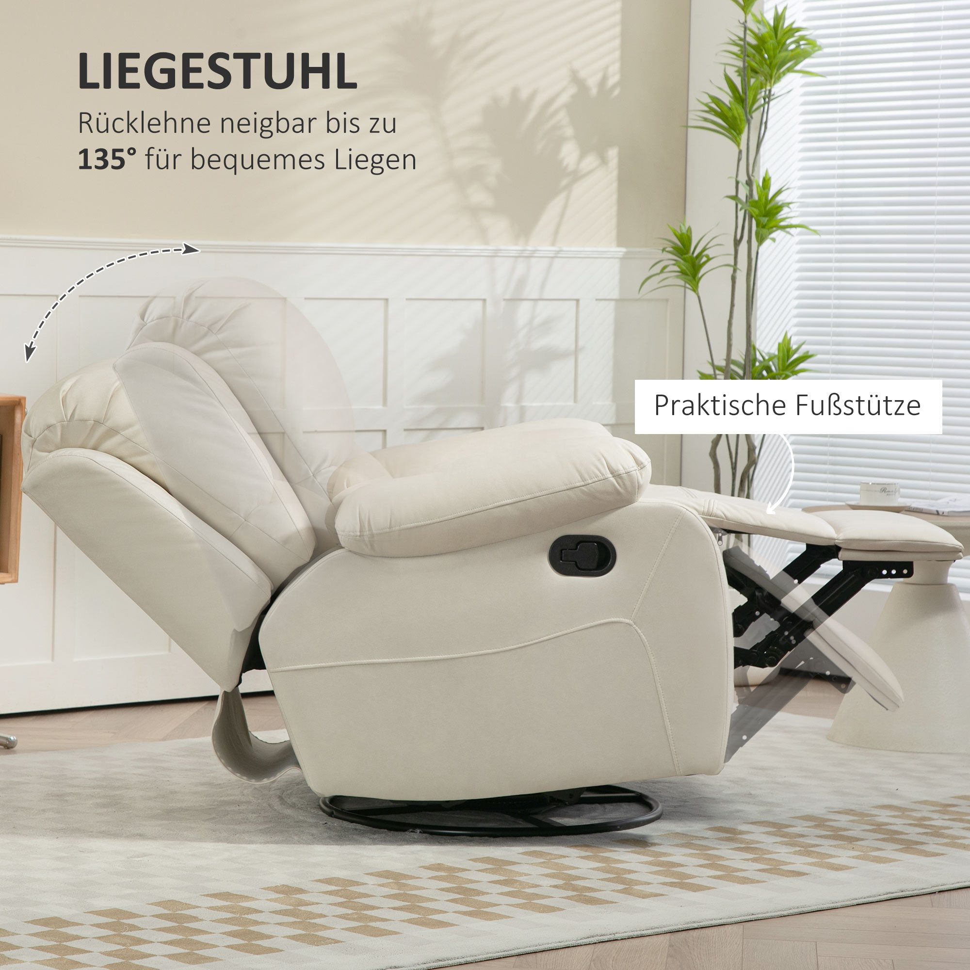 HOMCOM Relaxsessel Fernsehsessel mit Liegefunktion, Sessel mit Fußstütze (Fernsehsessel, 1-St., Liegesessel), für Wohnzimmer, Cremeweiß – Bild 4 von 5