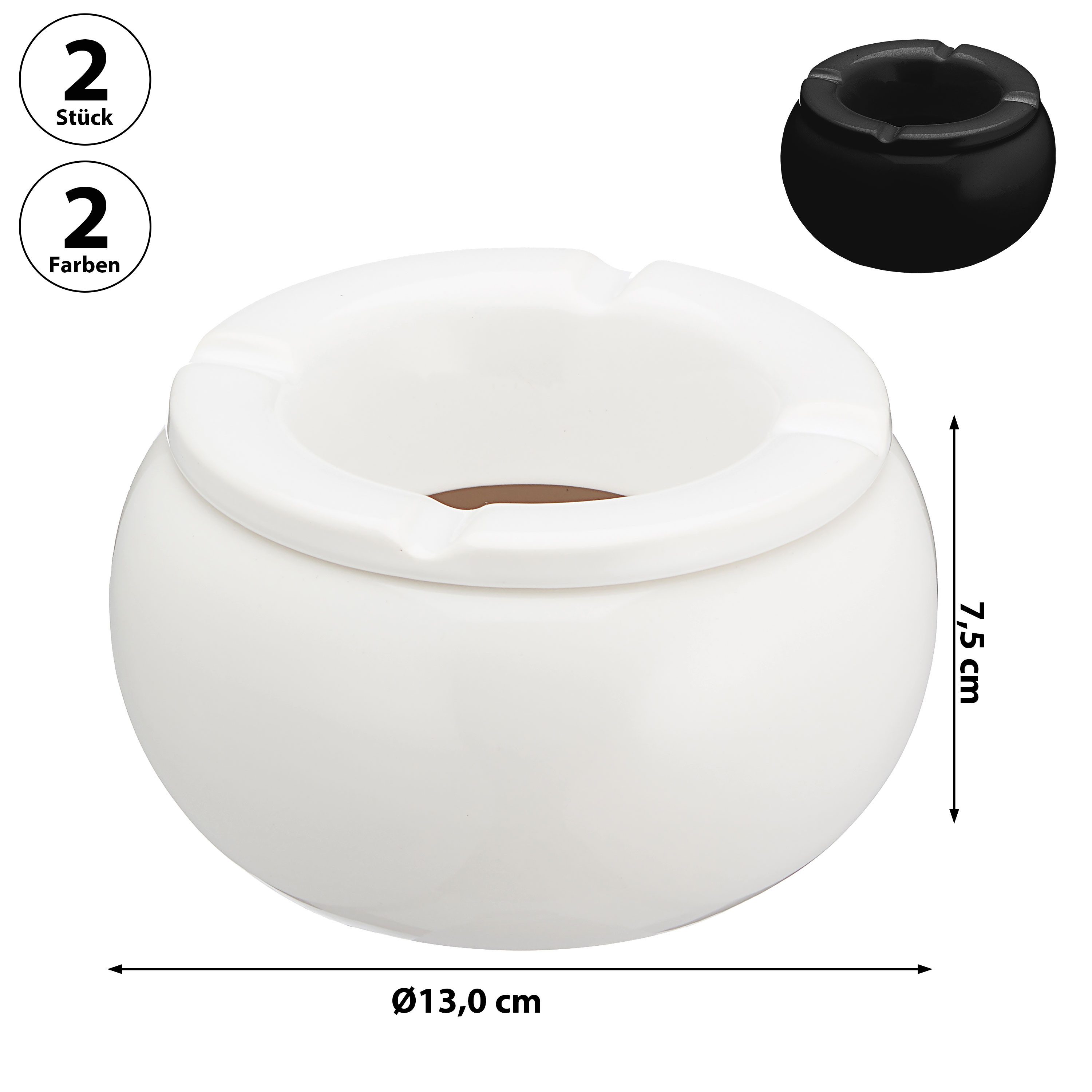 CEPEWA Aschenbecher Sturmaschenbecher 2er Set Ø13cm Keramik weiß schwarz rund Aschenbecher